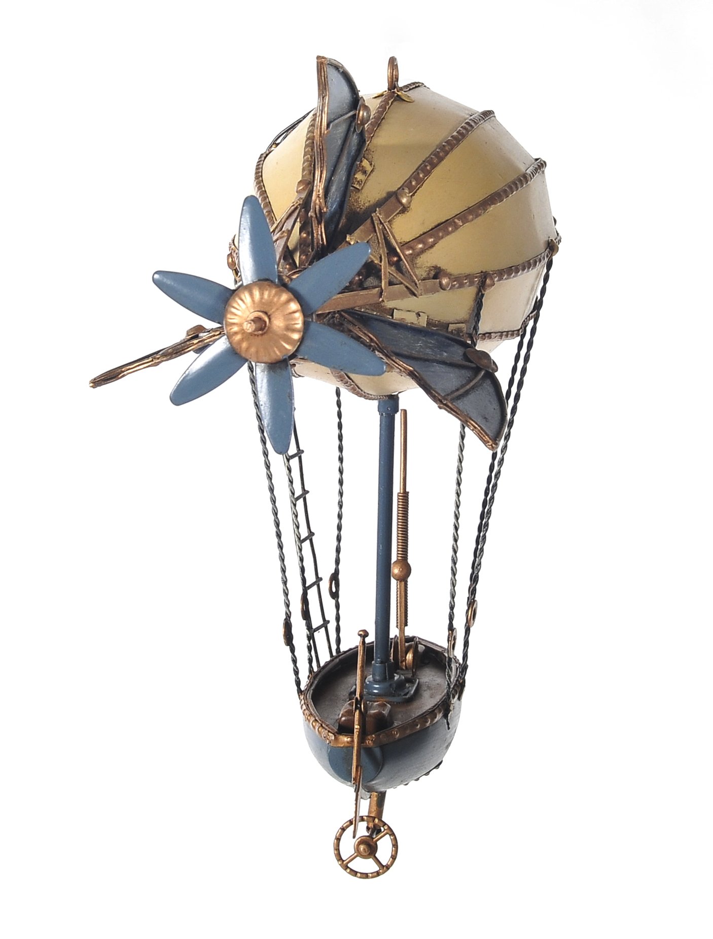 A detailed handcrafted metal model of a steampunk airship featuring an engine propeller, ladder, fins, riggings, and a rowboat.