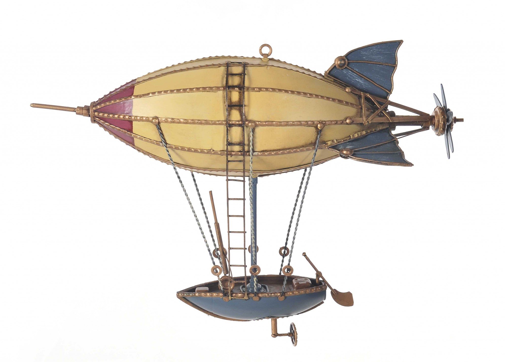 A detailed handcrafted metal model of a steampunk airship featuring an engine propeller, ladder, fins, riggings, and a rowboat.