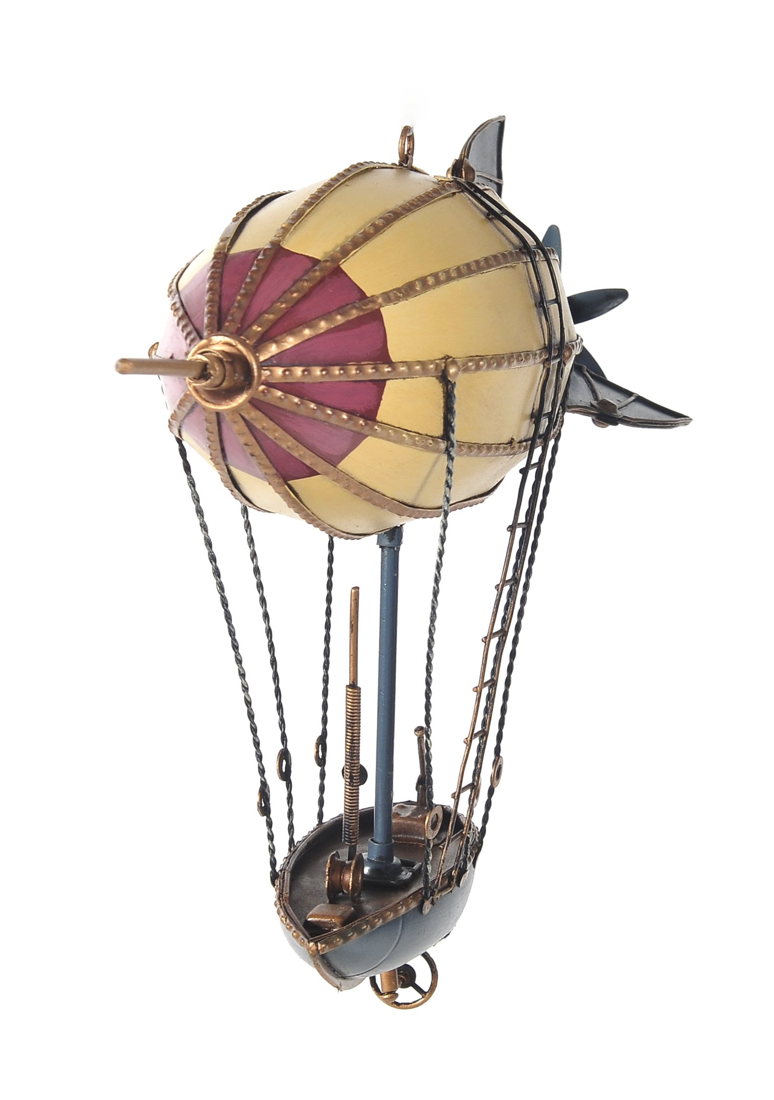 A detailed handcrafted metal model of a steampunk airship featuring an engine propeller, ladder, fins, riggings, and a rowboat.