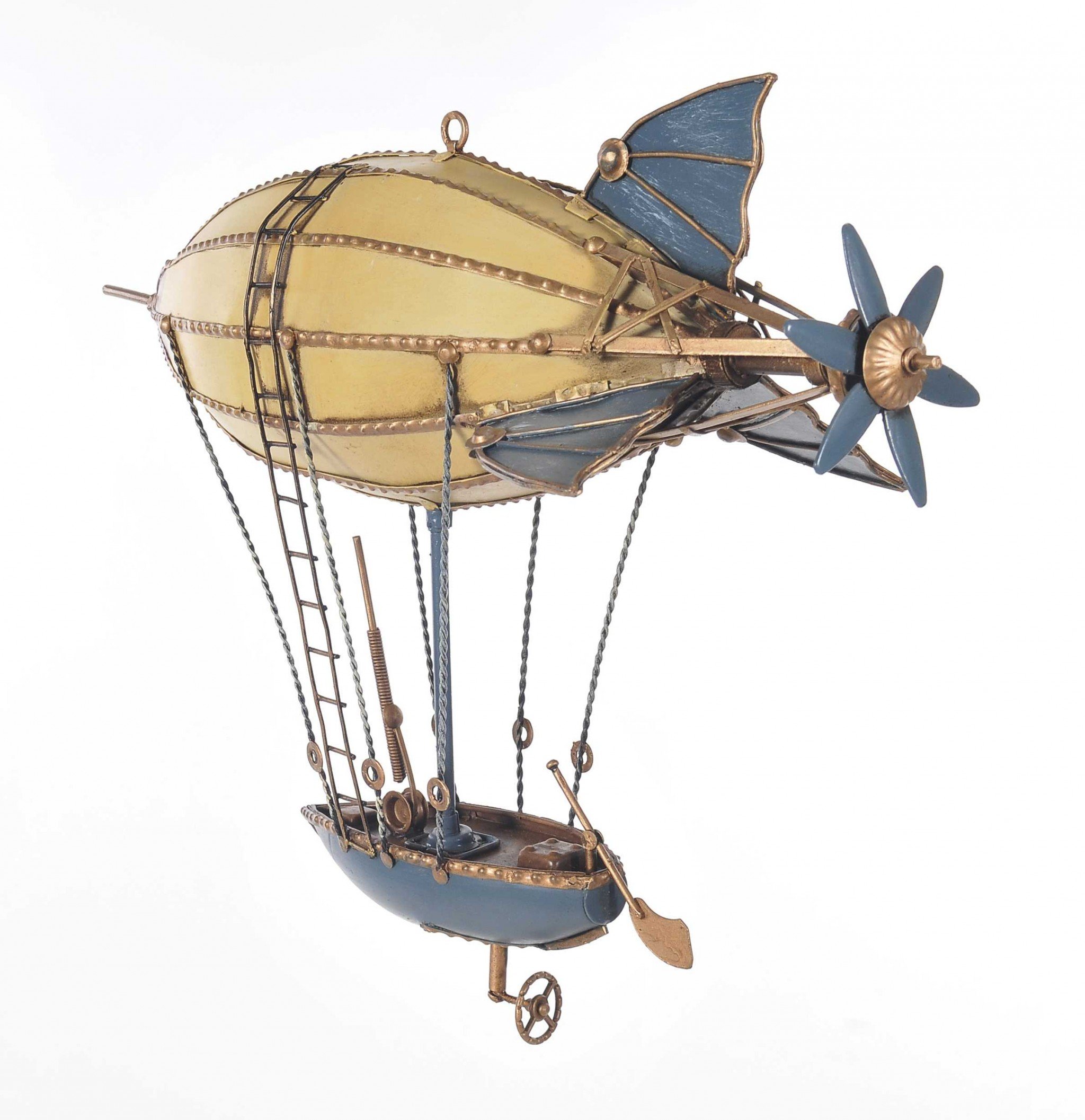 A detailed handcrafted metal model of a steampunk airship featuring an engine propeller, ladder, fins, riggings, and a rowboat.