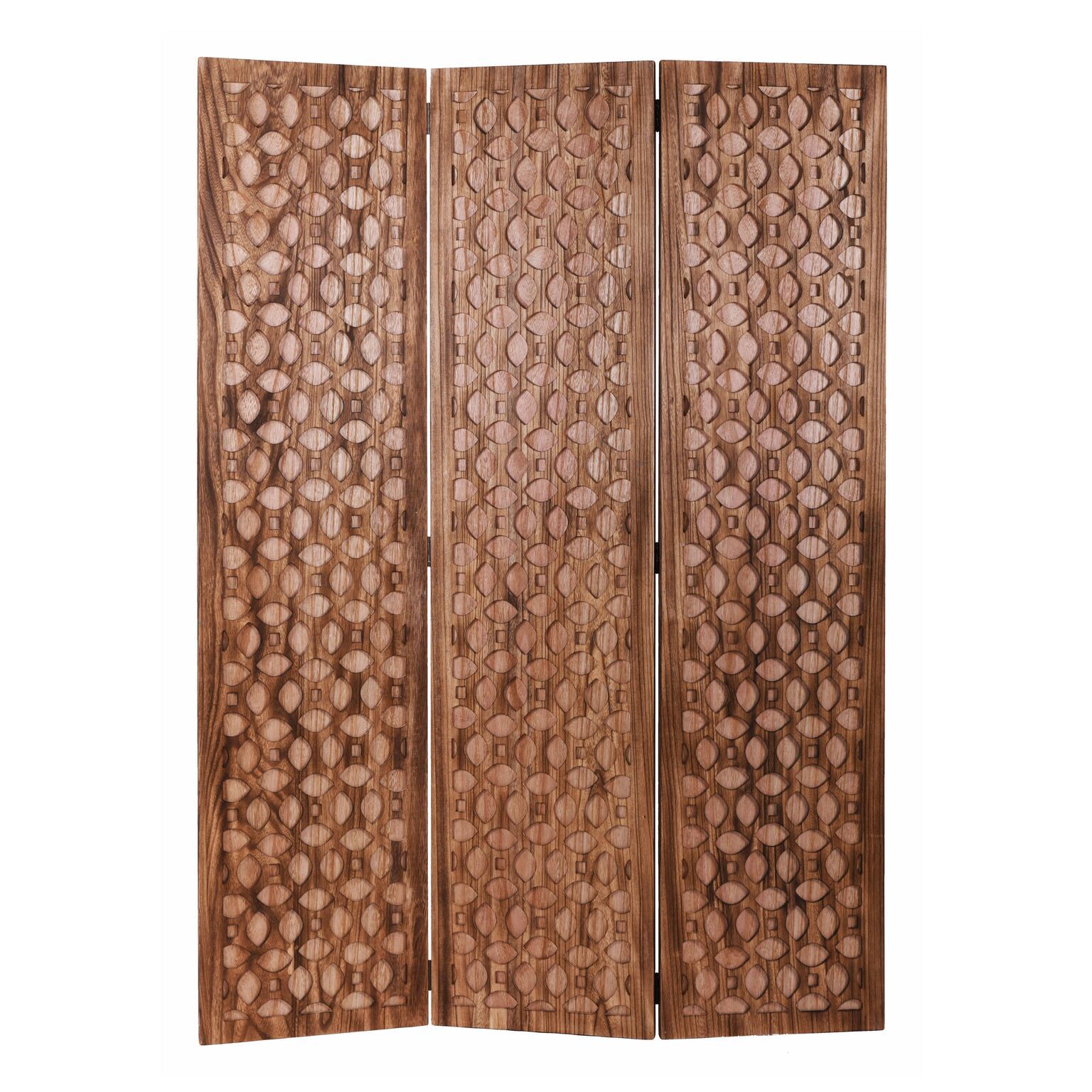 A stunning carved brown wood room divider screen featuring intricate hand-carved designs, perfect for enhancing home or office decor.