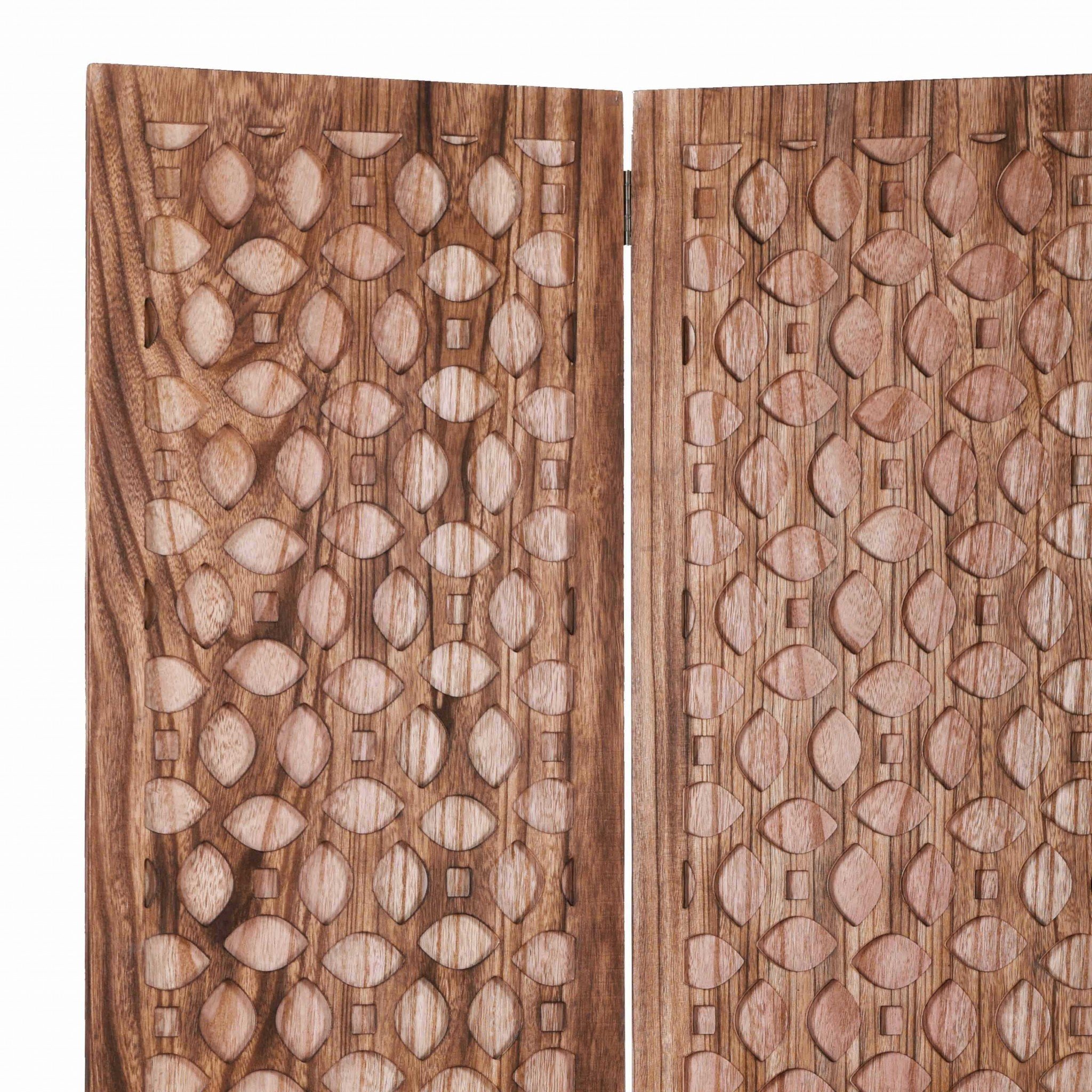 A stunning carved brown wood room divider screen featuring intricate hand-carved designs, perfect for enhancing home or office decor.