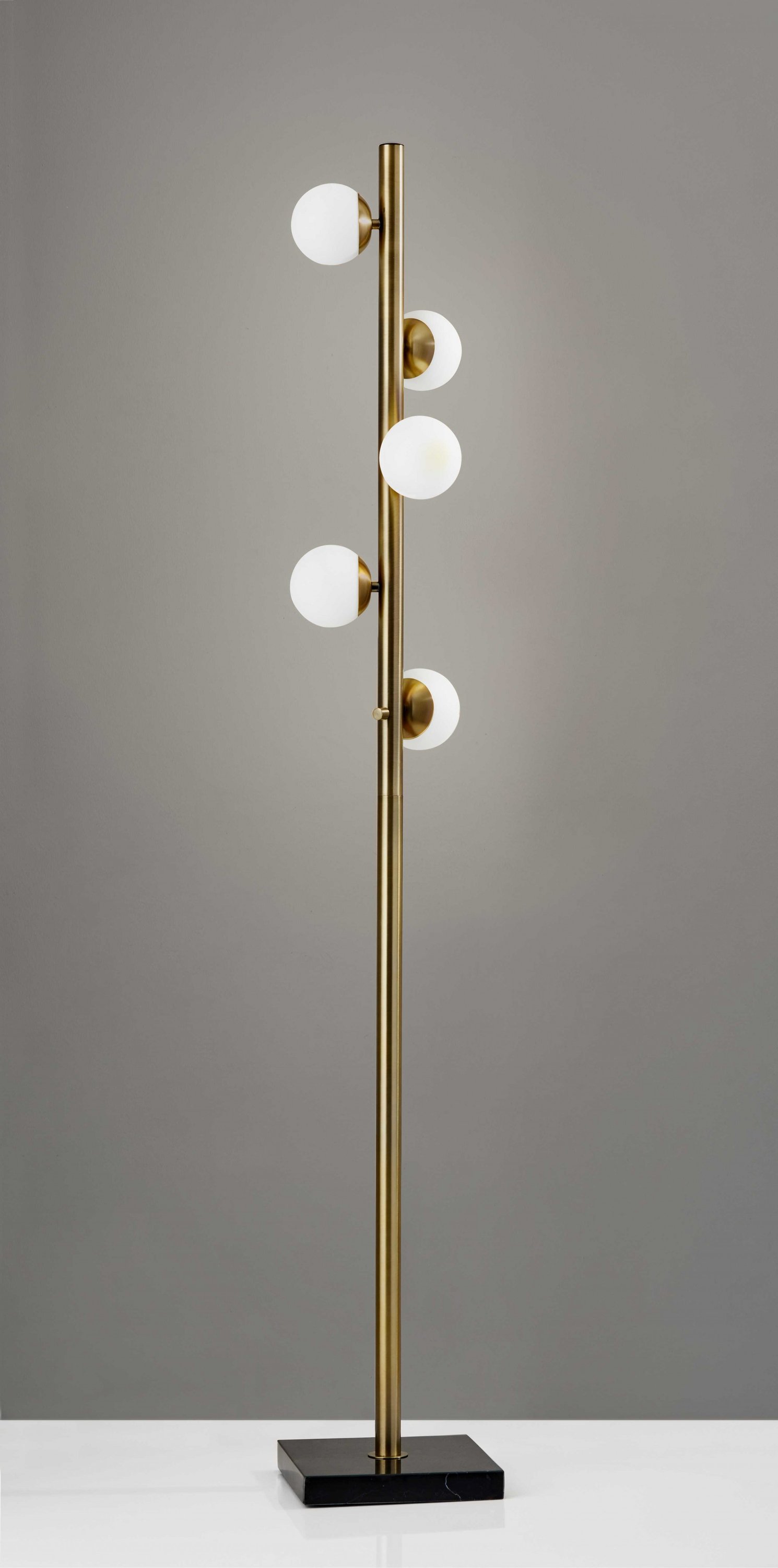 Stylish Swirled Sphere Brass Metal LED Floor Lamp with five opal glass shades and a black marble base.