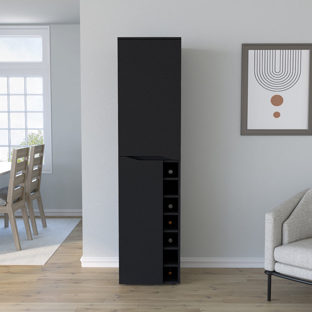 Bell Tall Cabinet in black wengue finish with seven wine cubbies and two-door cabinets, showcasing elegant design and ample storage.