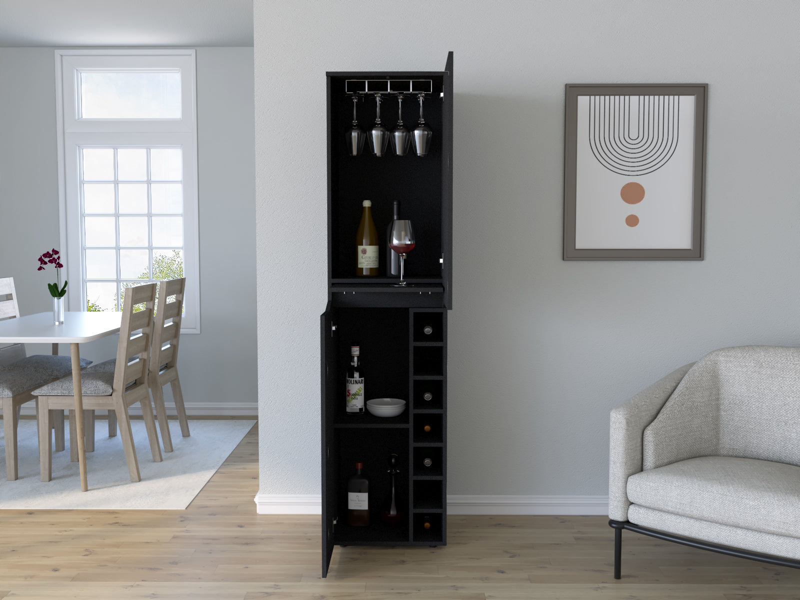 Bell Tall Cabinet in black wengue finish with seven wine cubbies and two-door cabinets, showcasing elegant design and ample storage.