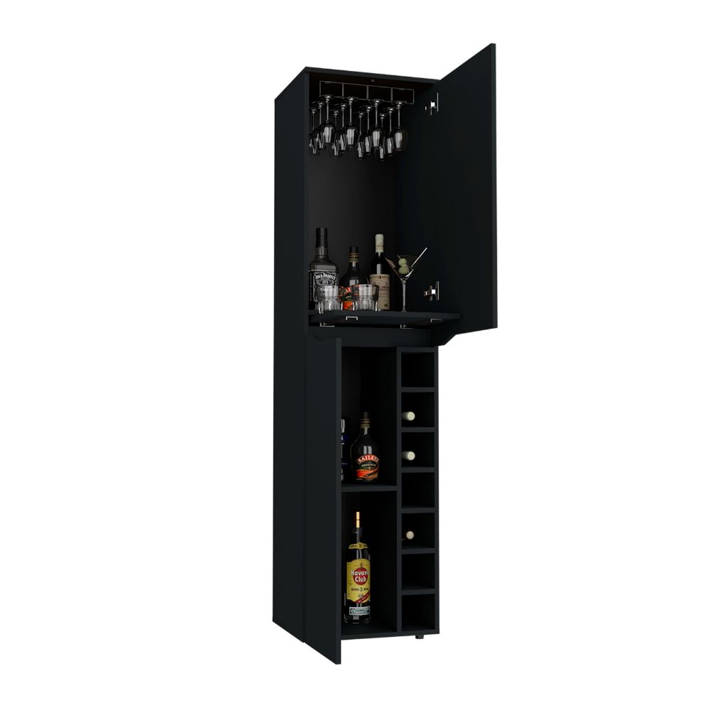 Bell Tall Cabinet in black wengue finish with seven wine cubbies and two-door cabinets, showcasing elegant design and ample storage.