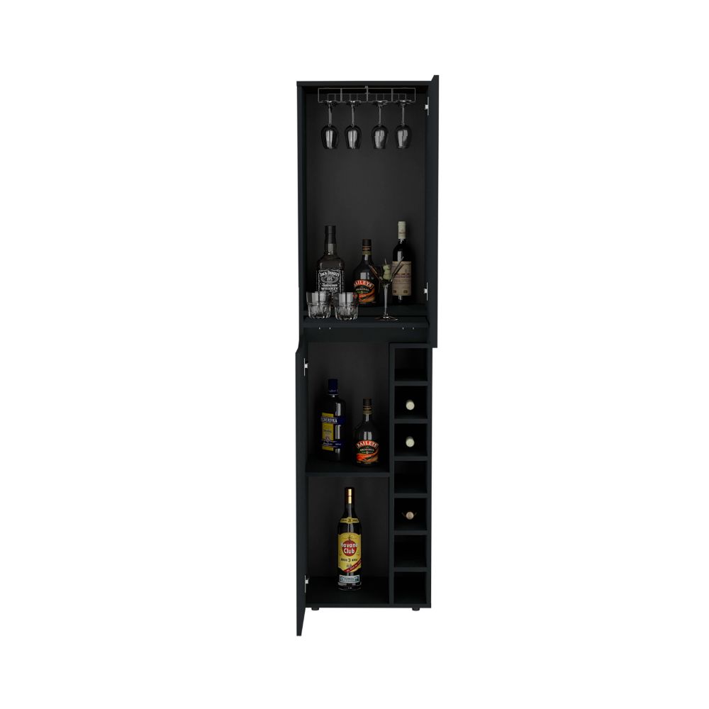 Bell Tall Cabinet in black wengue finish with seven wine cubbies and two-door cabinets, showcasing elegant design and ample storage.