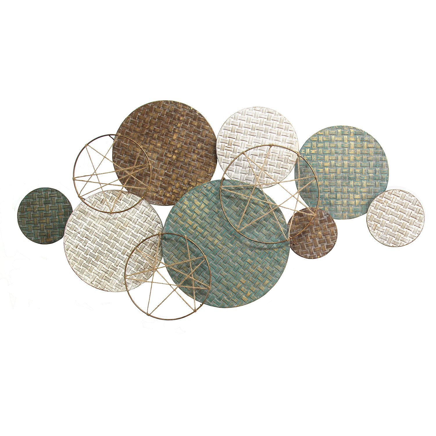 Textured Metal Plate Wall Decor featuring a handcrafted collage of plates and circles, perfect for modern farmhouse interiors.