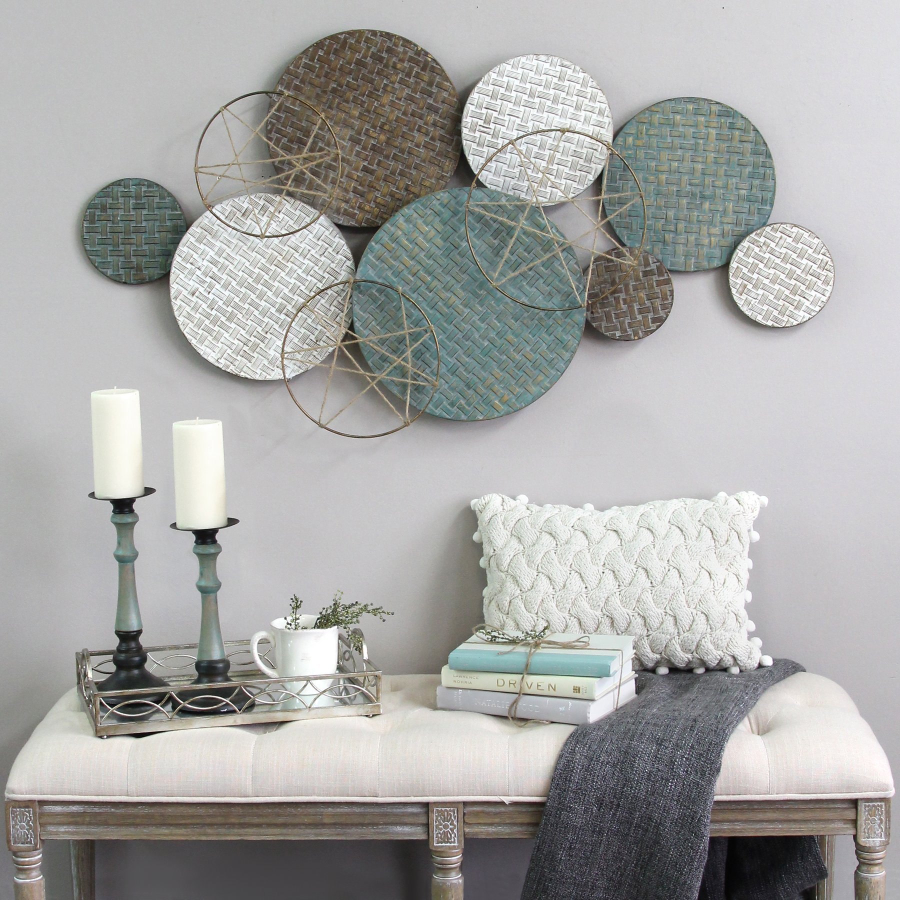 Textured Metal Plate Wall Decor featuring a handcrafted collage of plates and circles, perfect for modern farmhouse interiors.