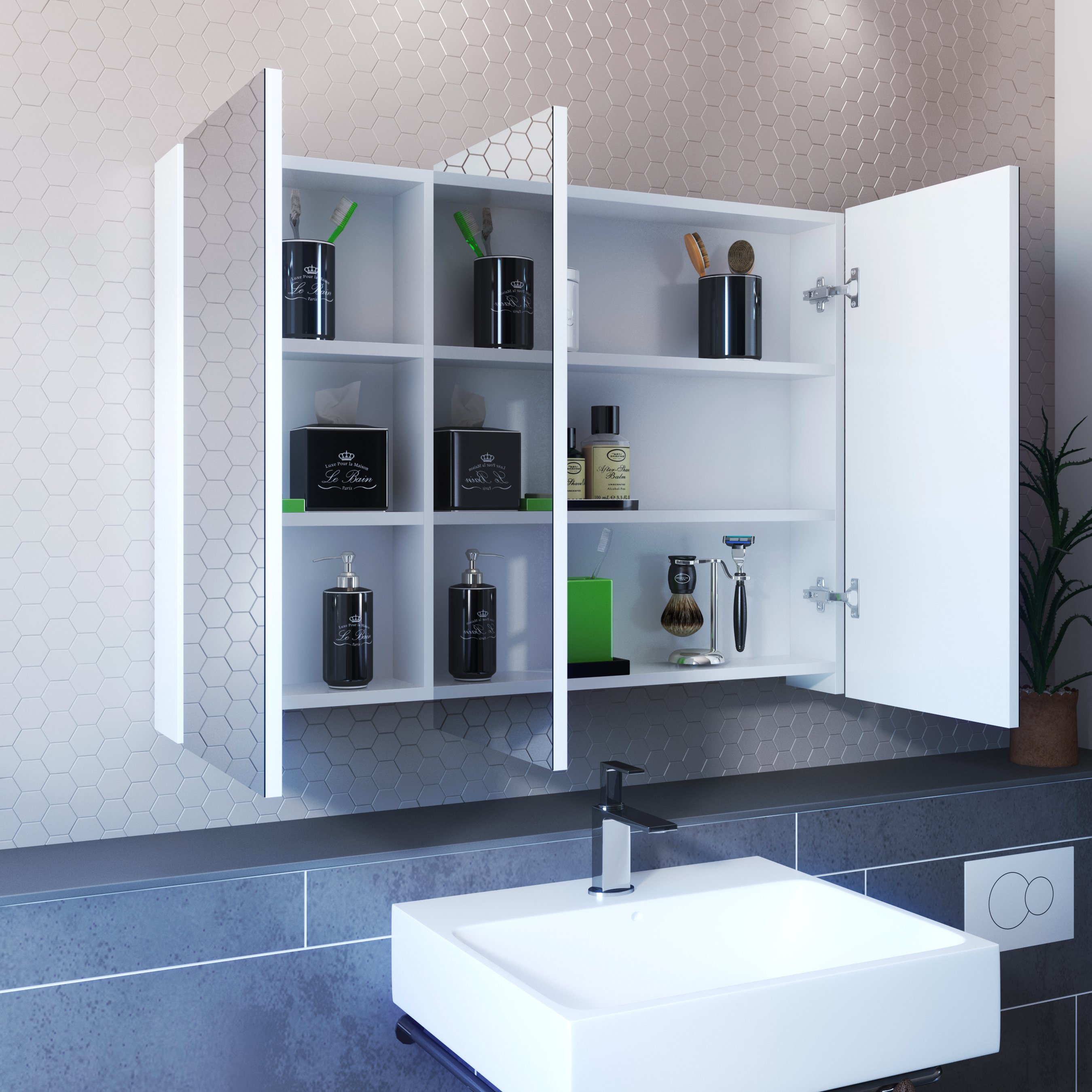 Three Door Frameless Medicine Cabinet featuring four adjustable shelves, showcasing a sleek and modern design suitable for any bathroom.