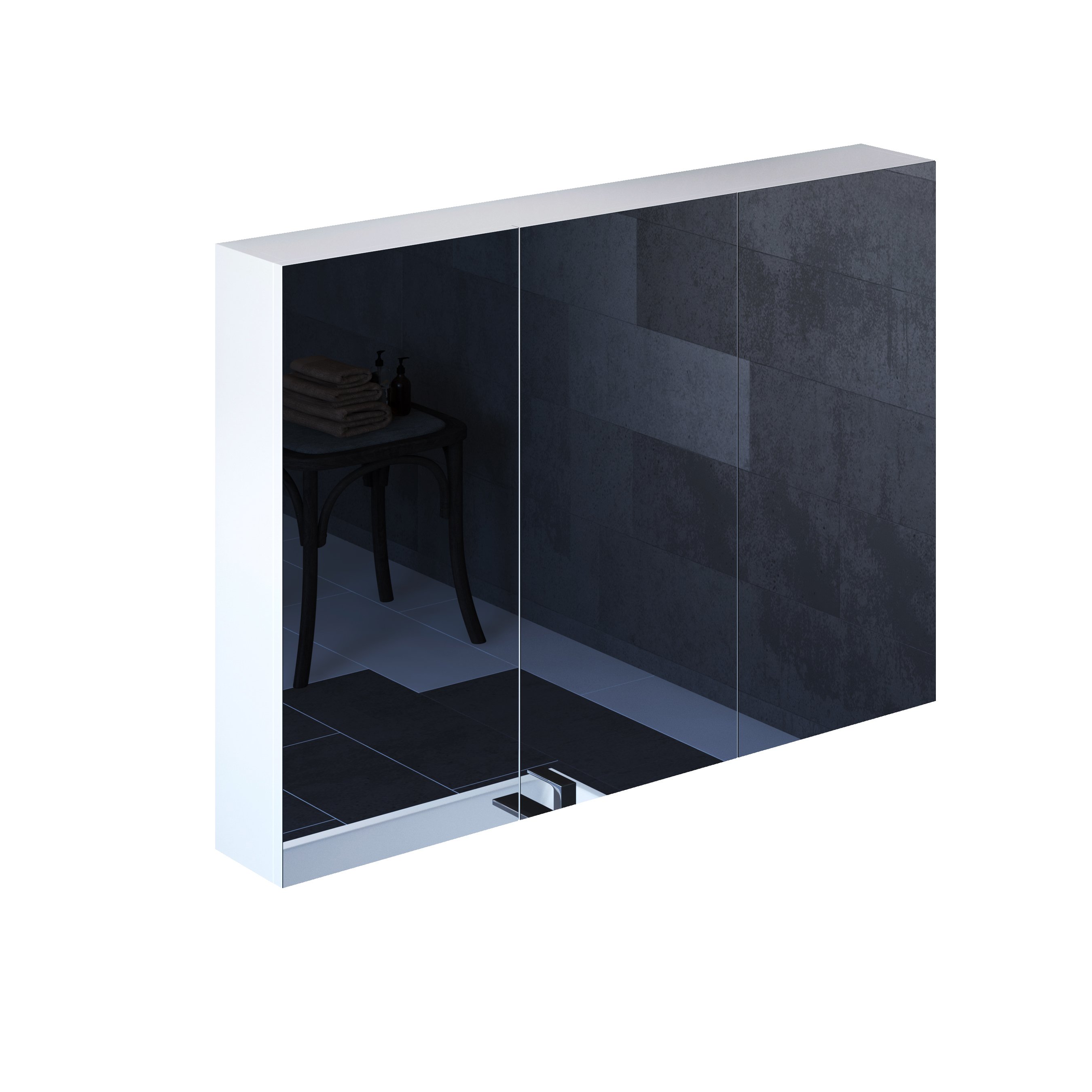 Three Door Frameless Medicine Cabinet featuring four adjustable shelves, showcasing a sleek and modern design suitable for any bathroom.