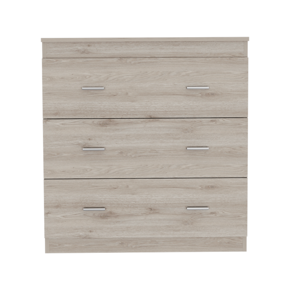 Whysk Three Drawer Dresser in light gray and white with three spacious drawers and a superior top for decoration.