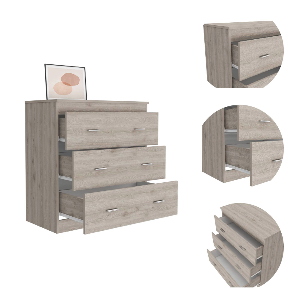 Whysk Three Drawer Dresser in light gray and white with three spacious drawers and a superior top for decoration.