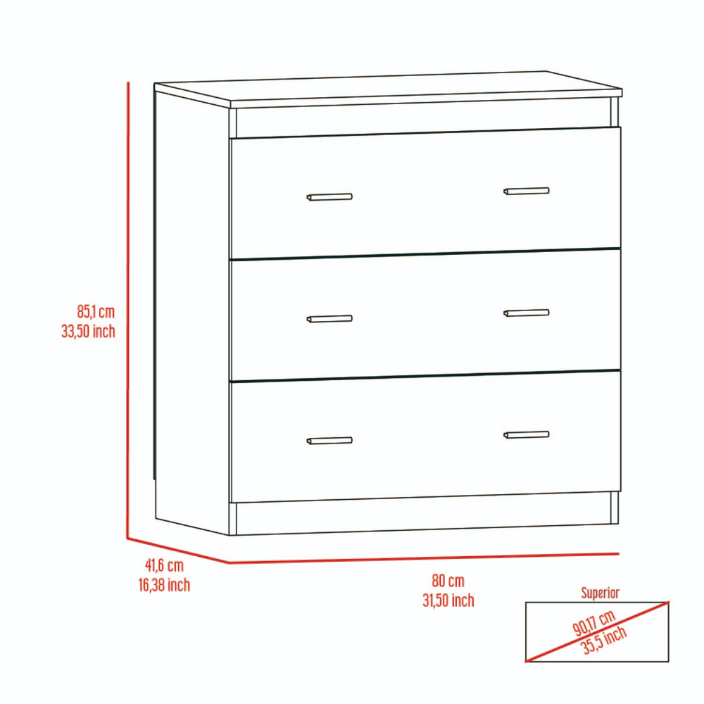 Whysk Three Drawer Dresser in light gray and white with three spacious drawers and a superior top for decoration.