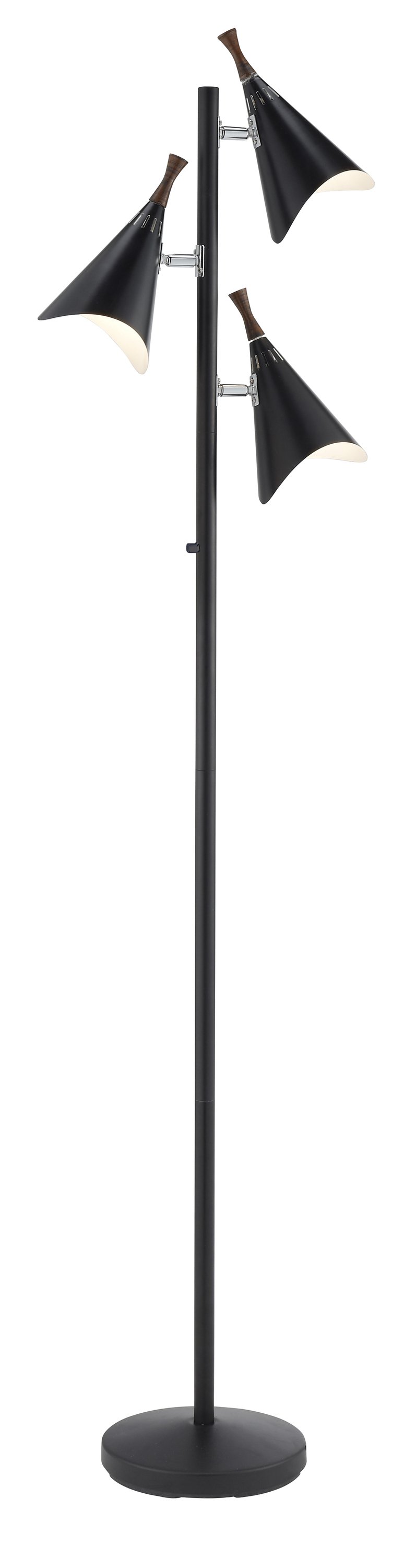 Three Light Floor Lamp in Matte Black Metal with adjustable shades and walnut wood accents, showcasing a modern mid-century design.