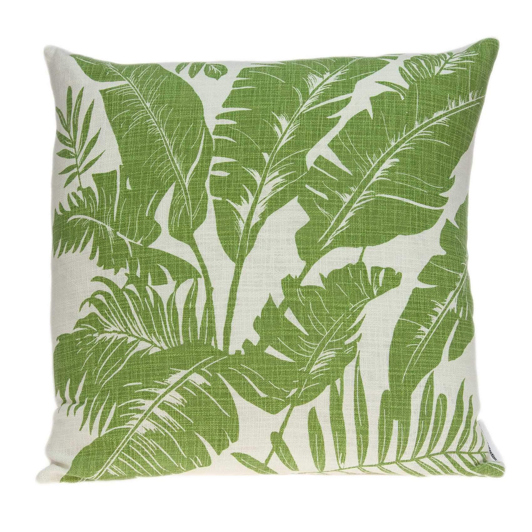 Tropical Green Palm Leaf Design Decorative Accent Pillow featuring vibrant green leaves on a soft cotton fabric.