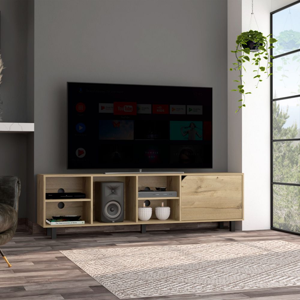 Estocolmo TV Stand for TVs up to 70 inches, featuring four open shelves and a light oak finish, perfect for modern living spaces.