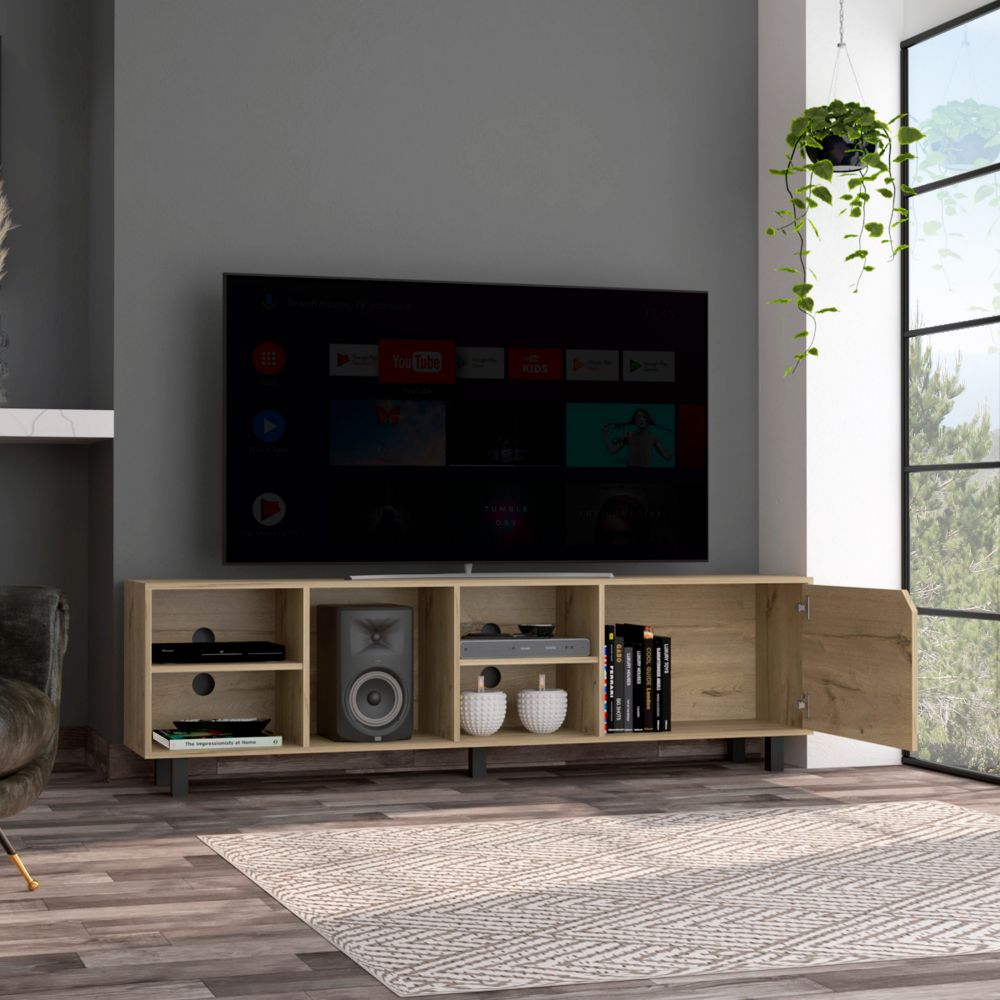 Estocolmo TV Stand for TVs up to 70 inches, featuring four open shelves and a light oak finish, perfect for modern living spaces.