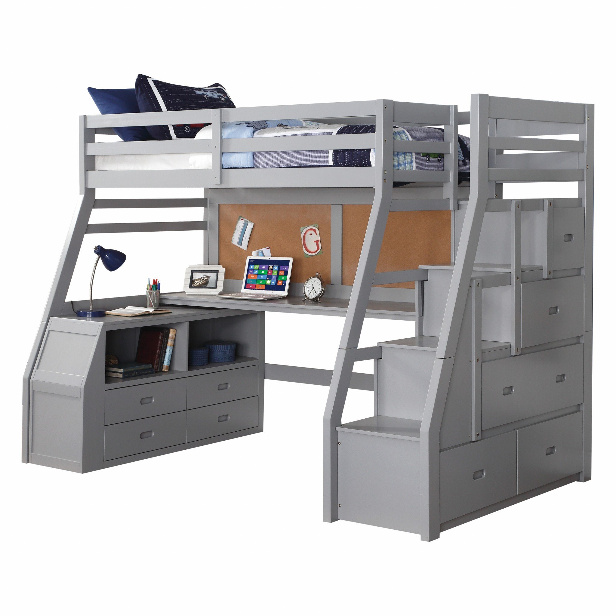 Twin size loft bed in gray finish made of pine wood, featuring a full-length guard rail and right-facing storage ladder.