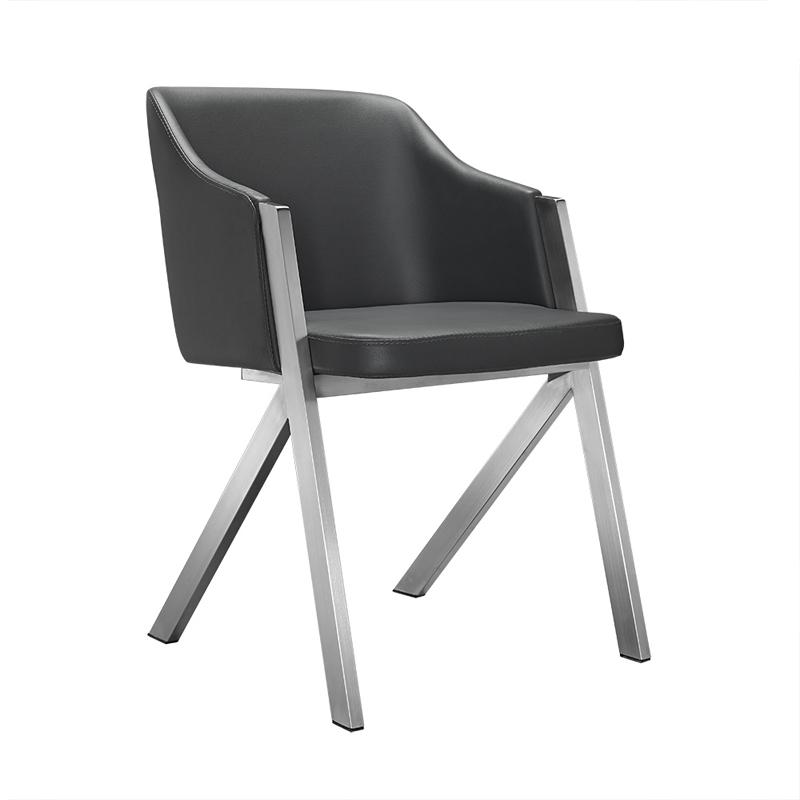 Two stylish grey leatherette dining chairs with a sturdy steel frame, perfect for modern dining spaces.