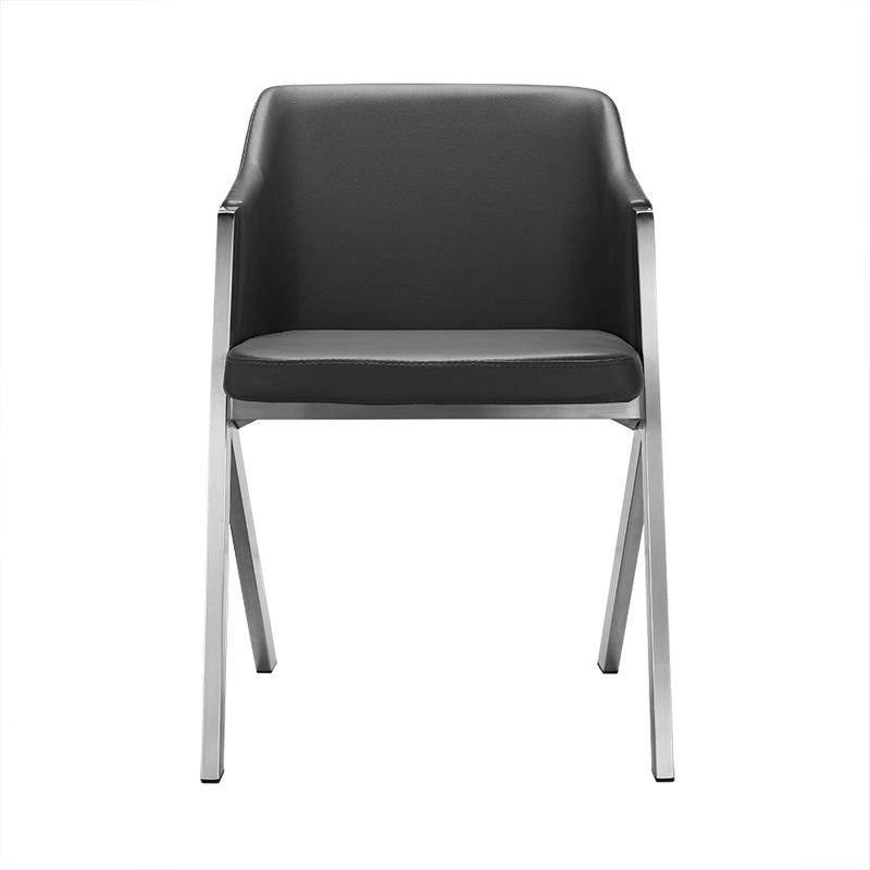 Two stylish grey leatherette dining chairs with a sturdy steel frame, perfect for modern dining spaces.