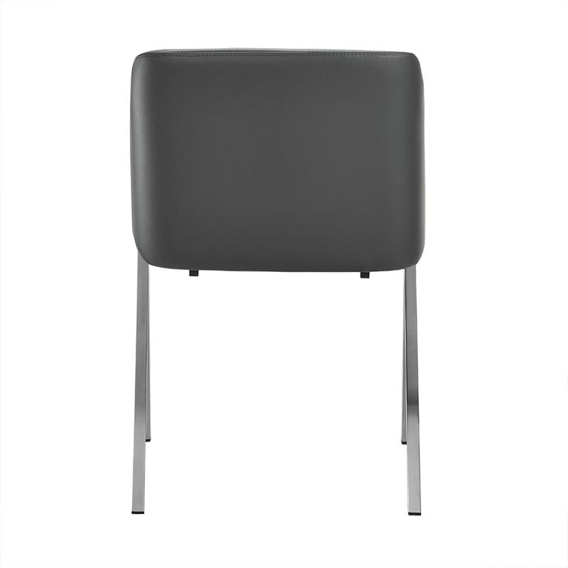 Two stylish grey leatherette dining chairs with a sturdy steel frame, perfect for modern dining spaces.