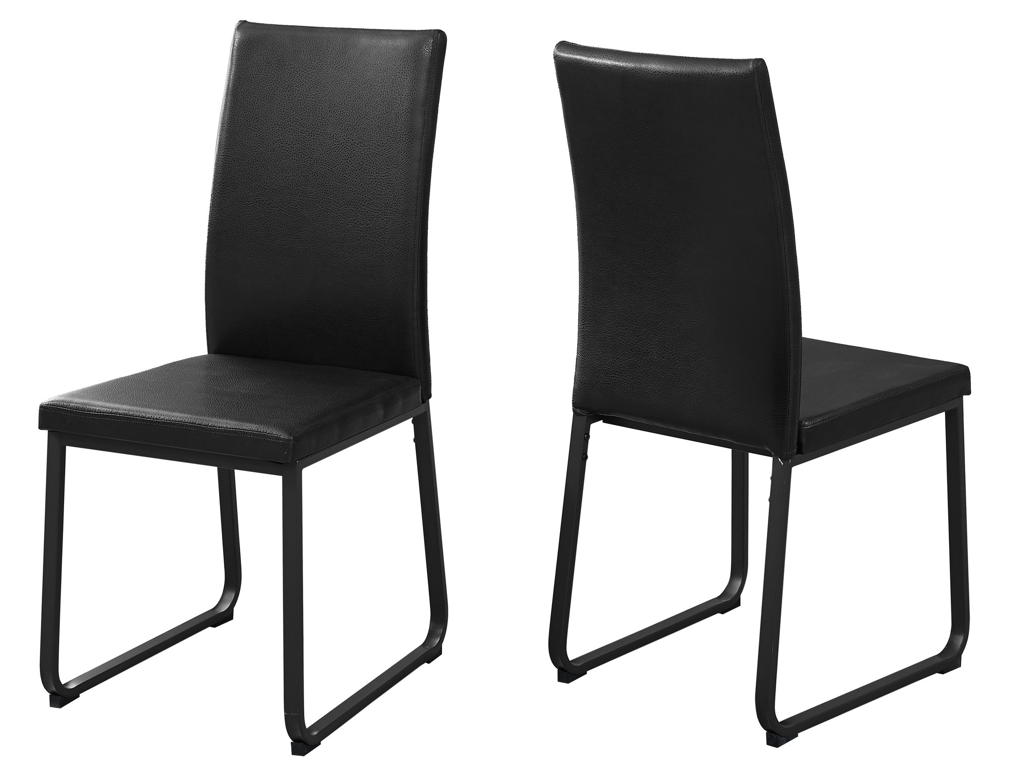 Two stylish black faux leather and metal dining chairs with foam padding, showcasing a modern design suitable for any dining space.