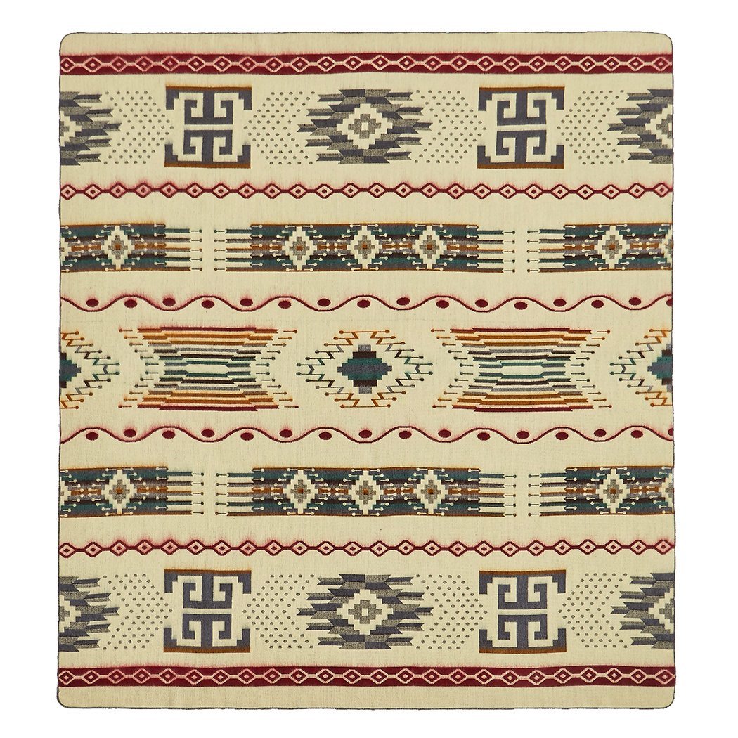 Ultra Soft Southwestern Dot Handmade Woven Blanket featuring deep blues, cream, and rusty red in a traditional Ecuadorian design.