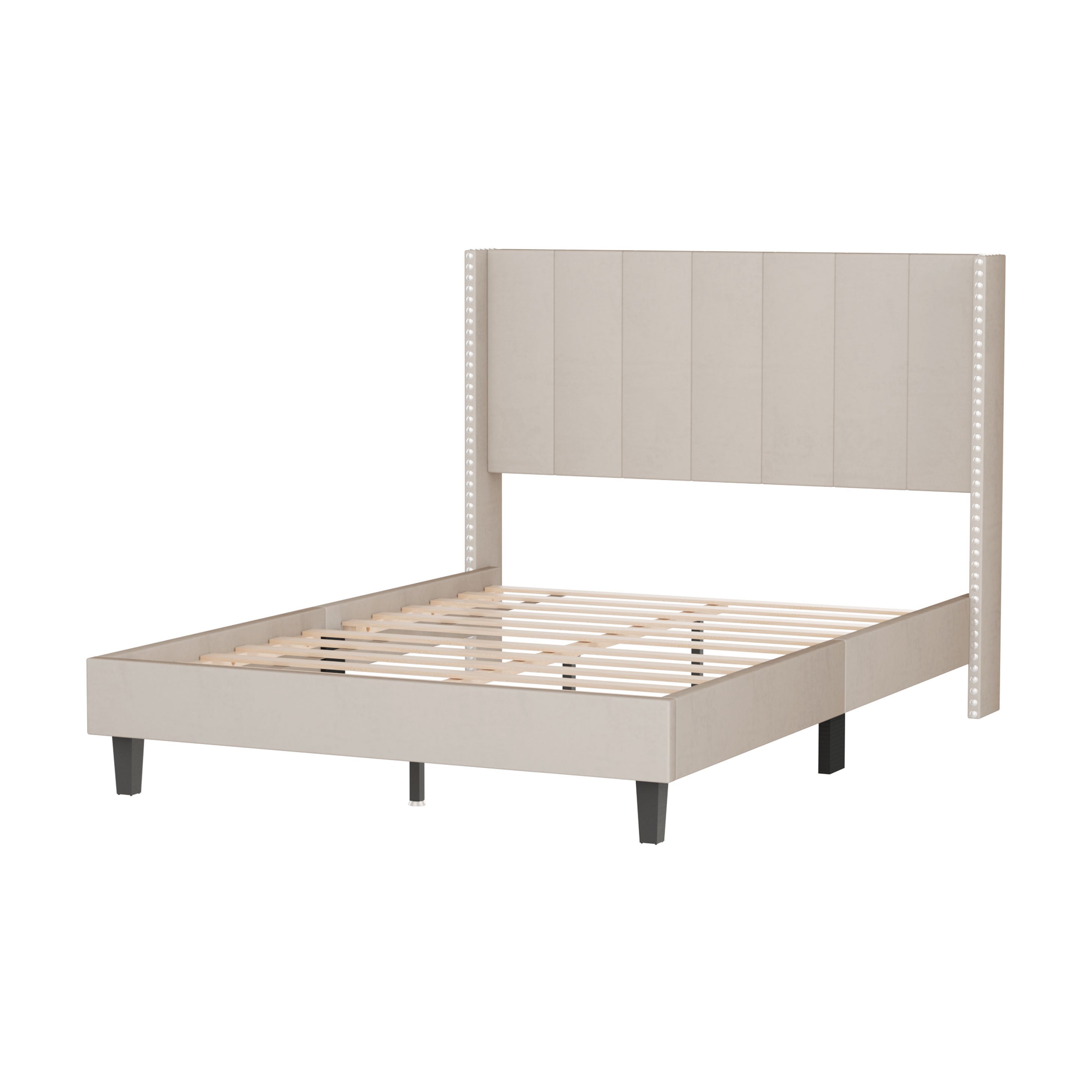 Luxurious velvet upholstered bed frame with vertical channel tufted headboard in beige color, showcasing modern design and decorative nailheads.