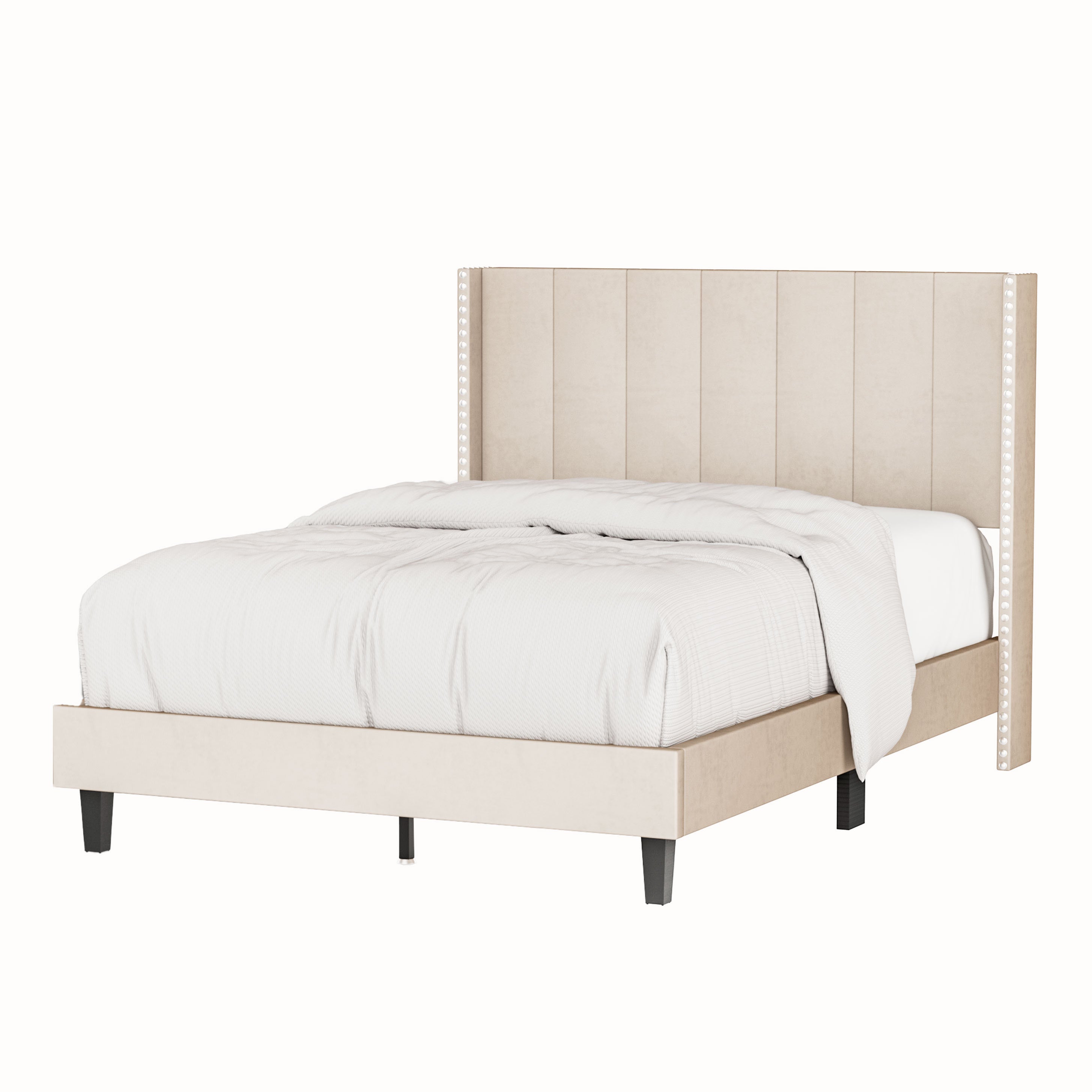 Luxurious velvet upholstered bed frame with vertical channel tufted headboard in beige color, showcasing modern design and decorative nailheads.