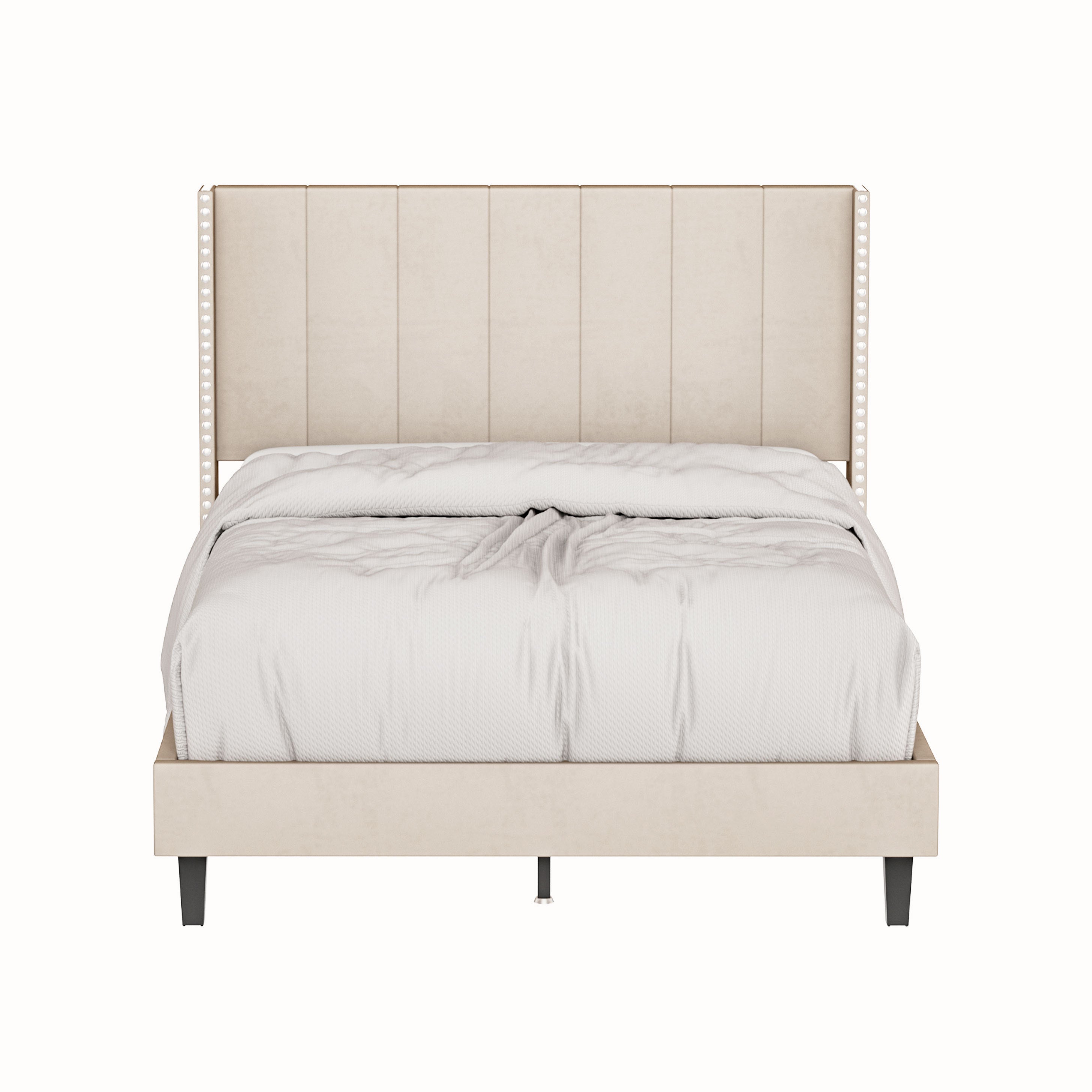 Luxurious velvet upholstered bed frame with vertical channel tufted headboard in beige color, showcasing modern design and decorative nailheads.