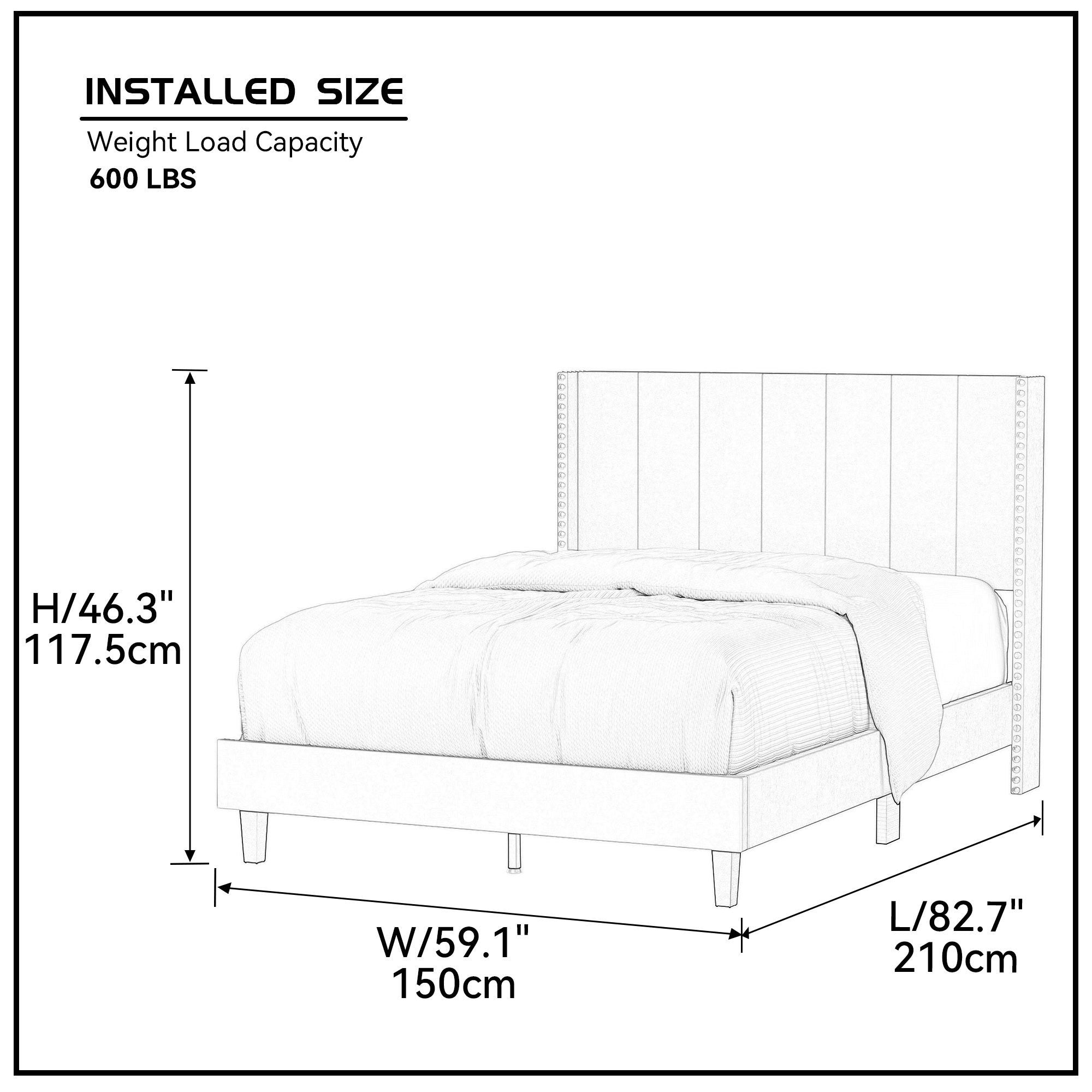 Luxurious velvet upholstered bed frame with vertical channel tufted headboard in beige color, showcasing modern design and decorative nailheads.