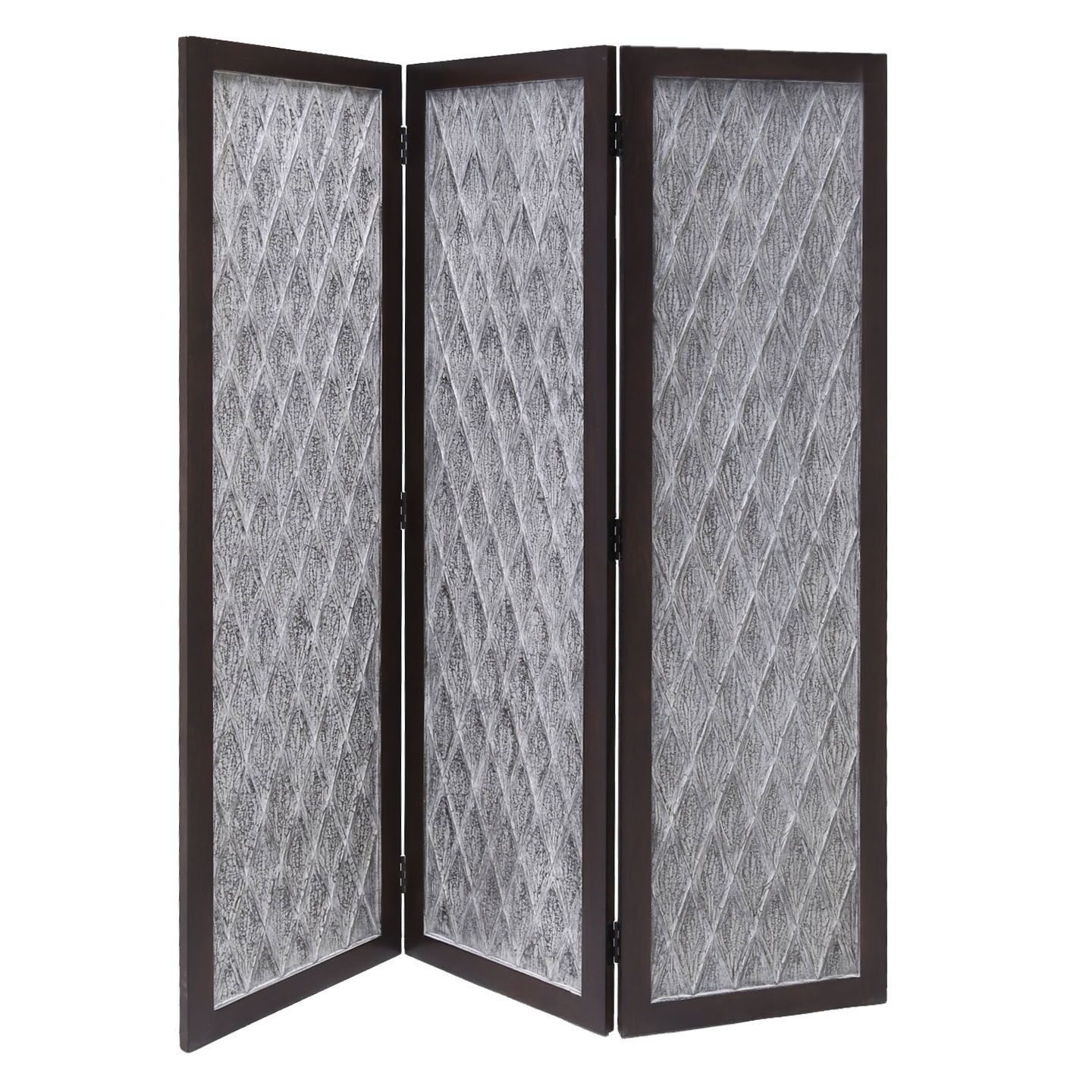 Versatile dark wood three panel room divider screen with intricate hand-carved designs, showcasing a rich brown finish.