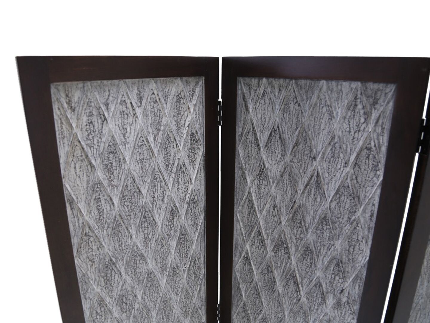 Versatile dark wood three panel room divider screen with intricate hand-carved designs, showcasing a rich brown finish.