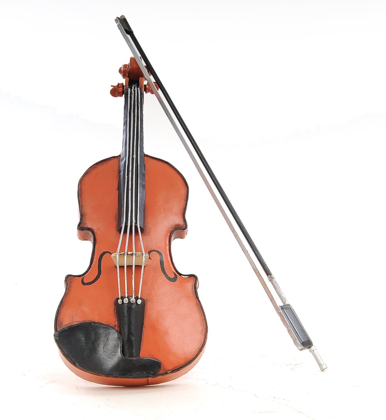 A handcrafted vintage orange violin sculpture made of iron, featuring intricate details and a detachable bow, perfect for decor.