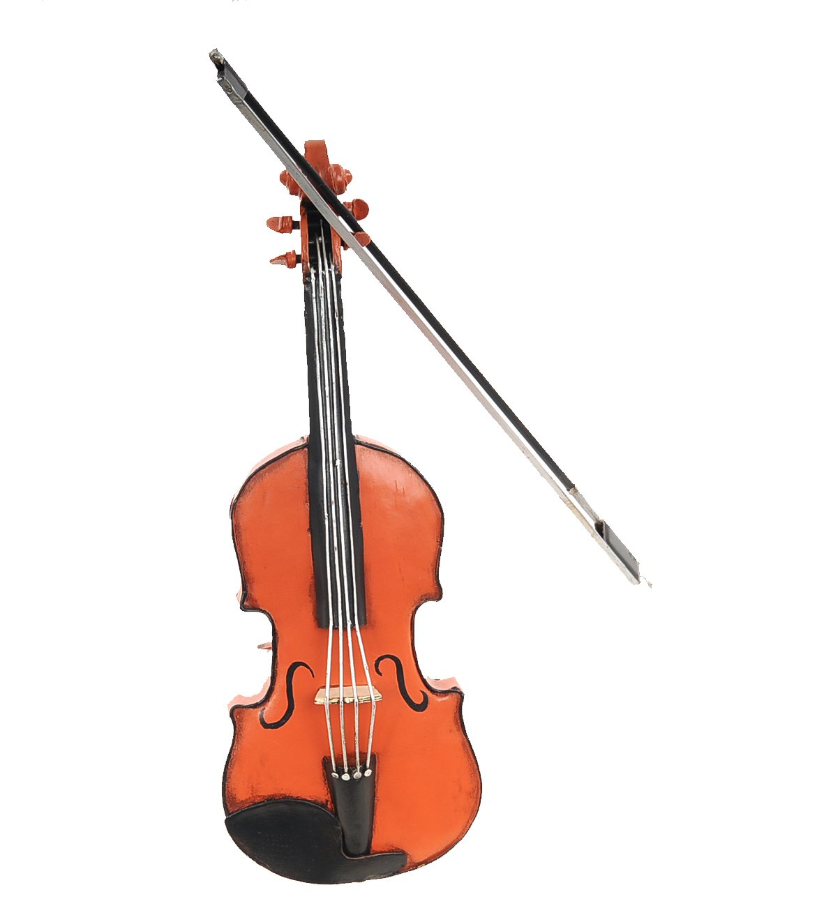 A handcrafted vintage orange violin sculpture made of iron, featuring intricate details and a detachable bow, perfect for decor.