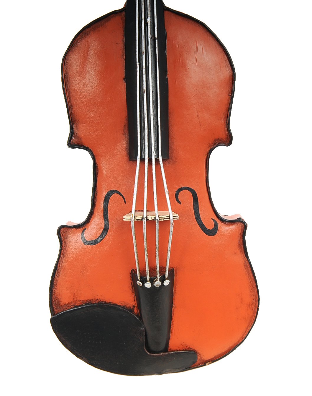 A handcrafted vintage orange violin sculpture made of iron, featuring intricate details and a detachable bow, perfect for decor.