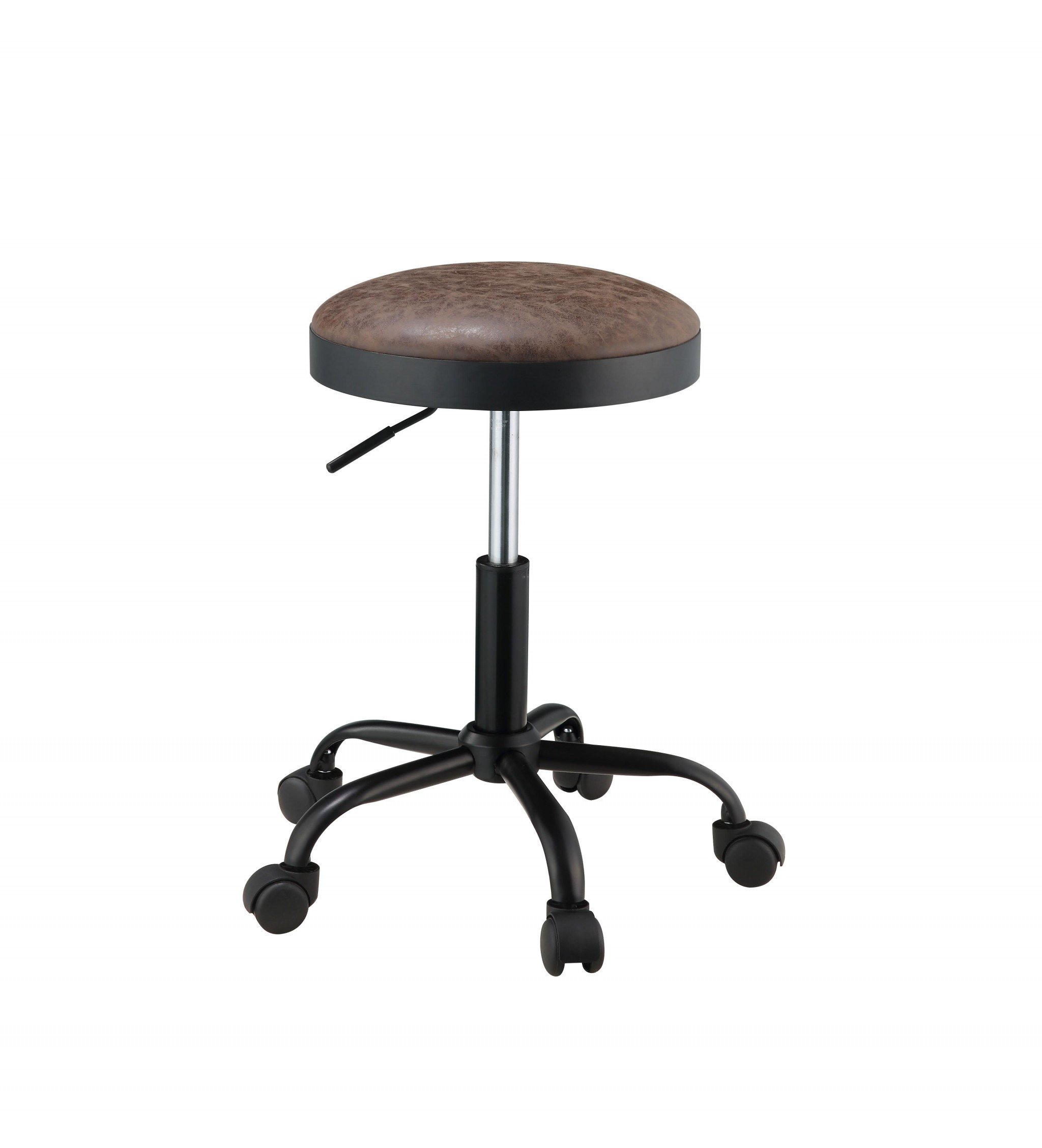 Set of 2 vintage mocha upholstered adjustable bar stools with black metal base and caster wheels.