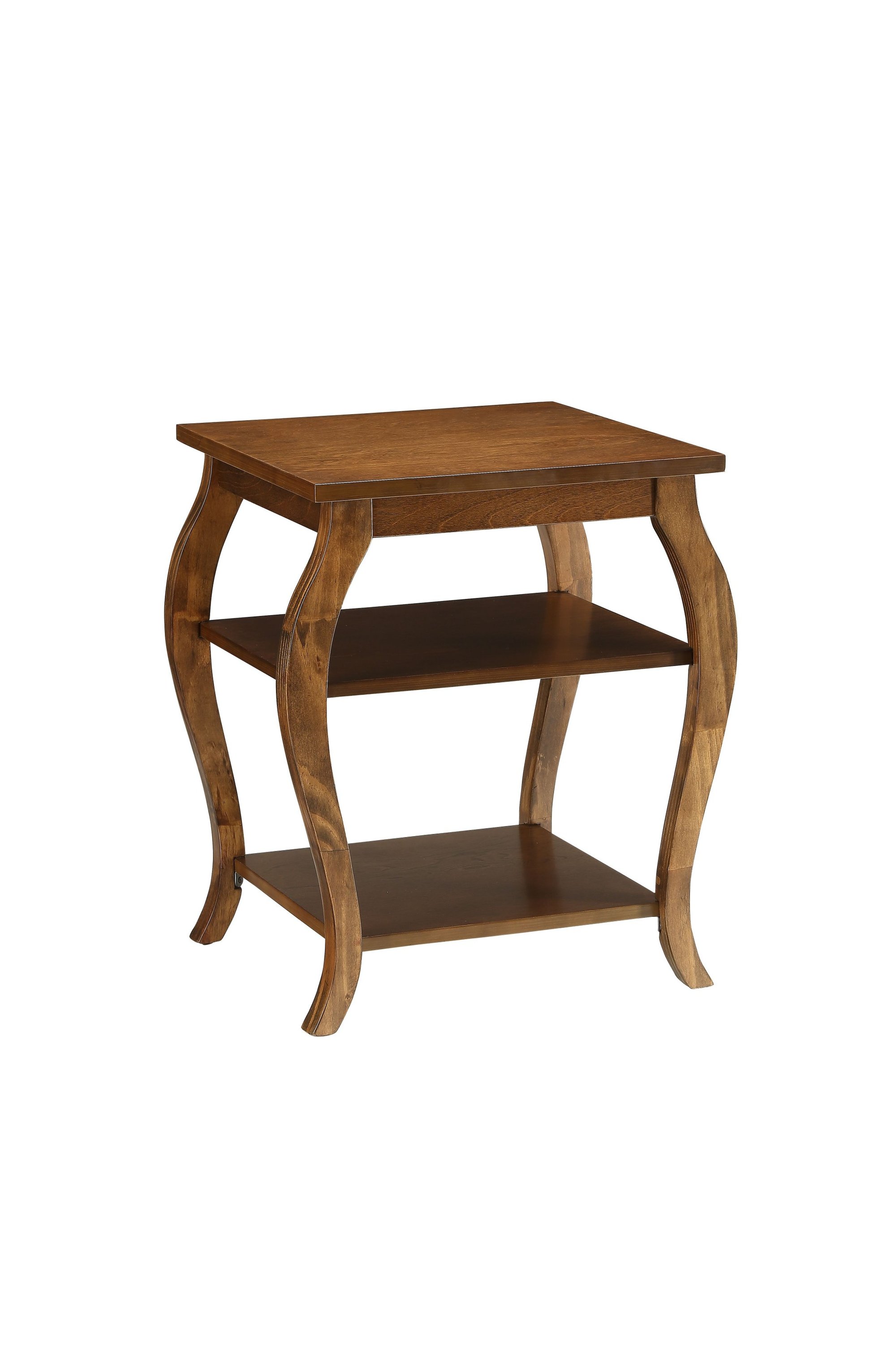 Walnut Finish Bow Leg Square End Table with two lower shelves, showcasing elegant design and sturdy construction.