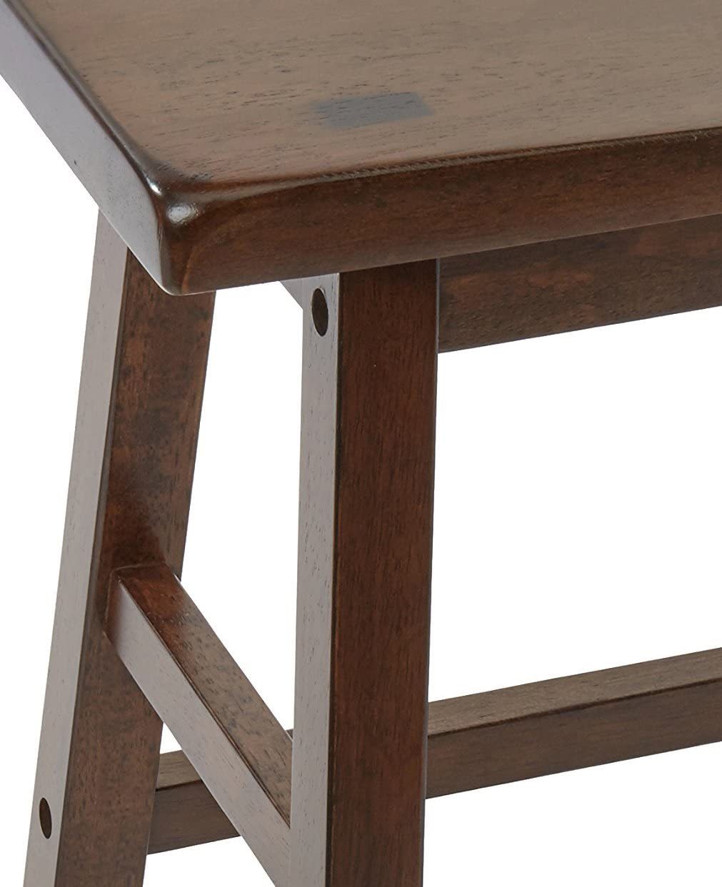 Walnut Wooden Set of 2 Stools featuring saddle seats and square legs, perfect for small dining spaces.