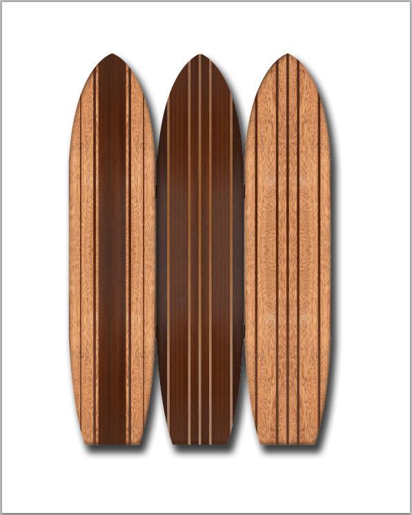 Warm Brown Long Board Room Divider Screen shaped like surfboards, showcasing natural wood grain and three hinged panels.