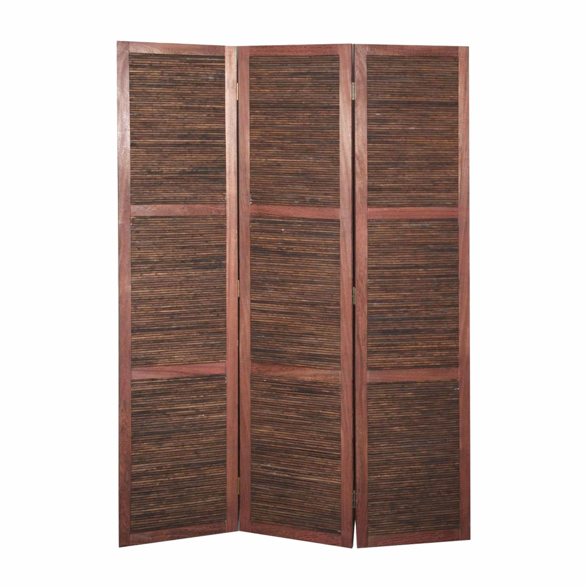 Warm Brown Three Panel Room Divider Screen with intricate hand-carved designs, showcasing its elegant wood finish.