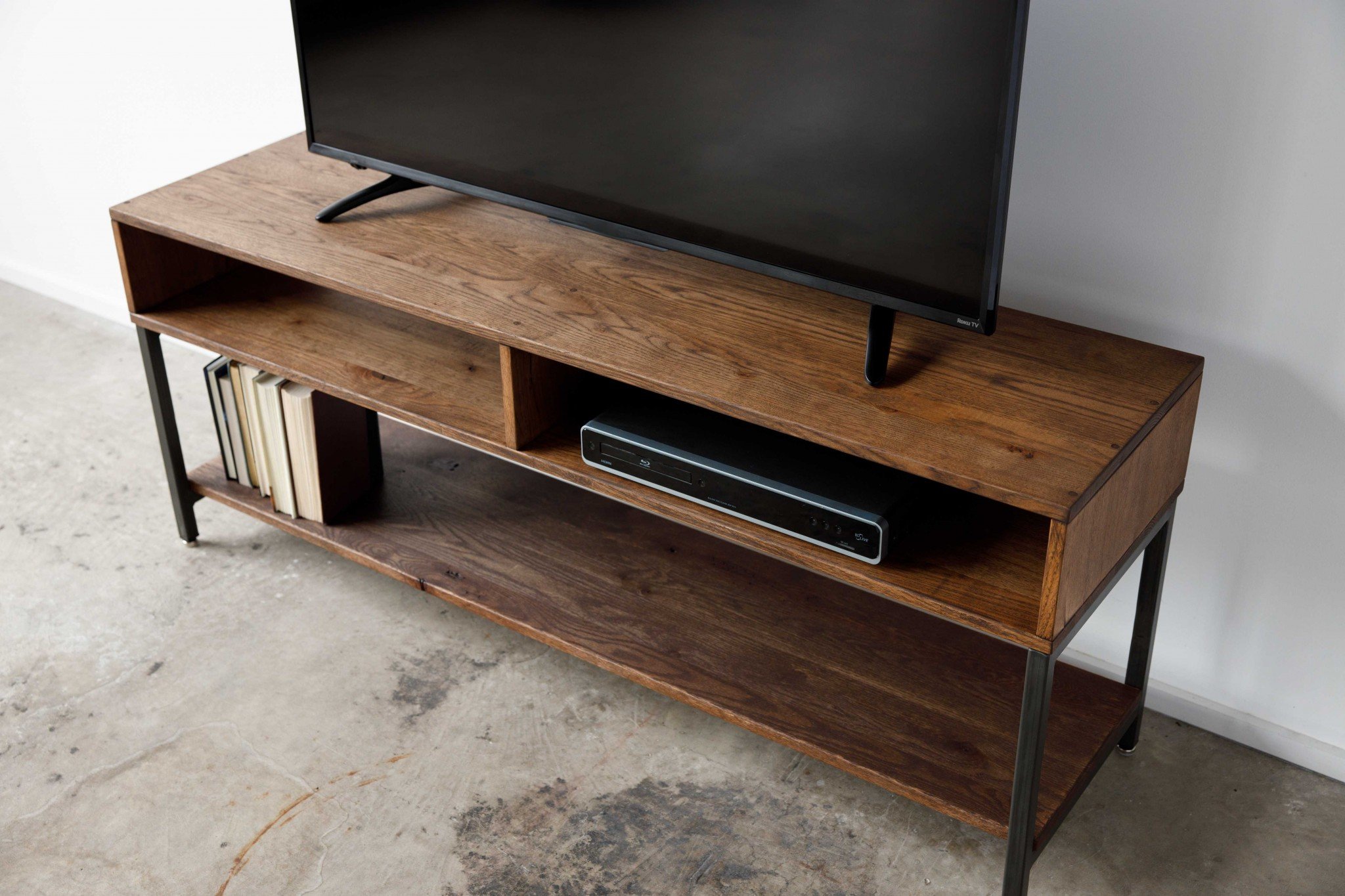 Wooden TV stand with storage.