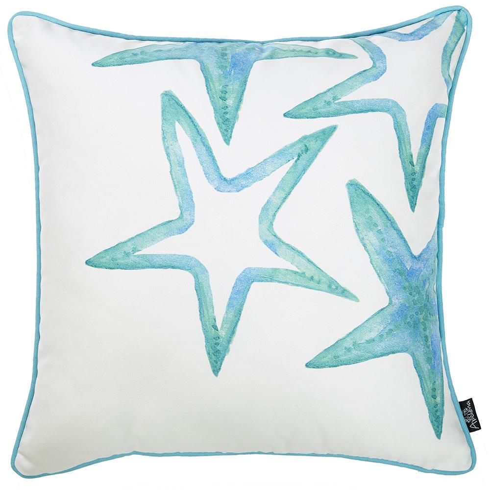 White and aqua blue decorative throw pillow cover featuring starfish design and hidden zipper closure.