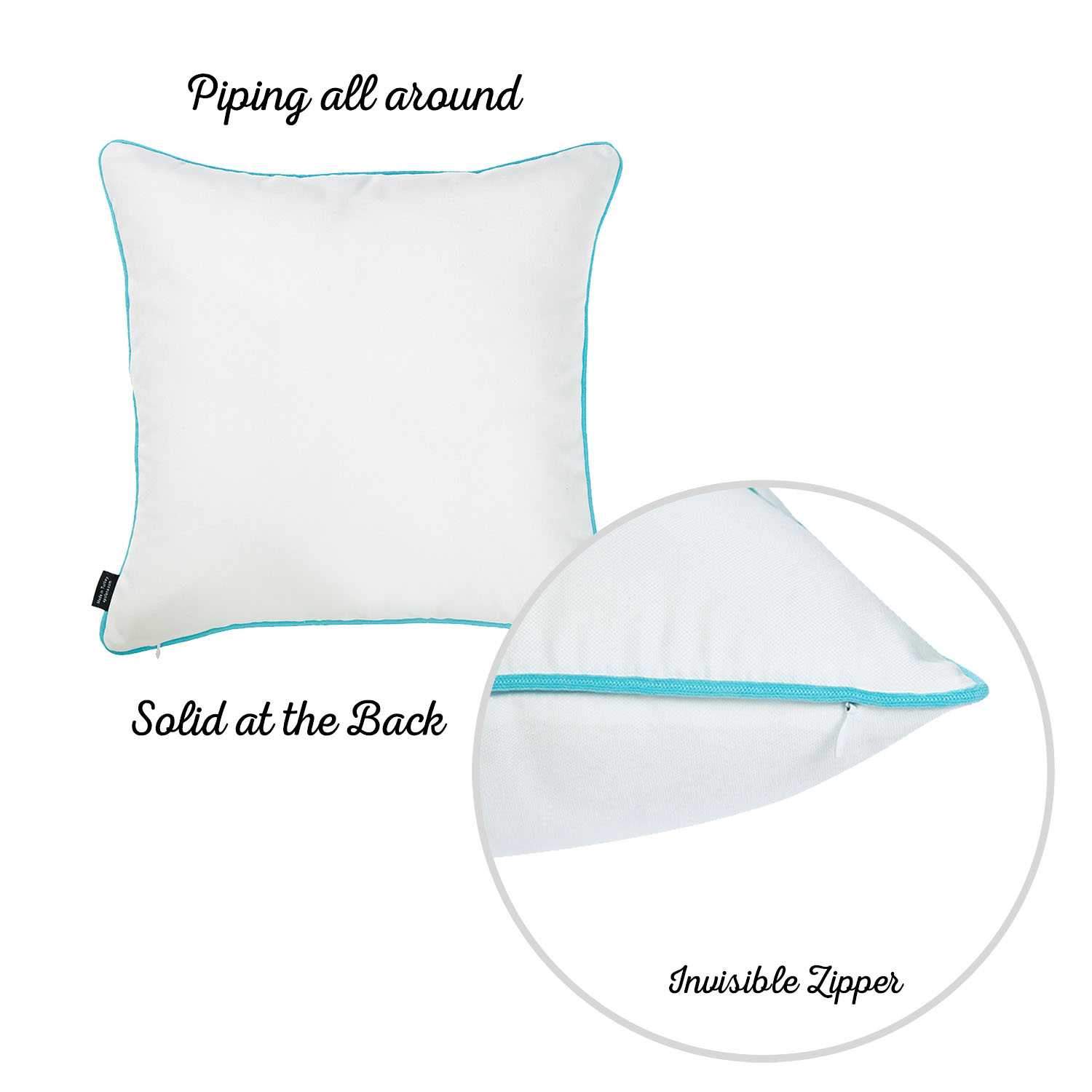 White and aqua blue decorative throw pillow cover featuring starfish design and hidden zipper closure.