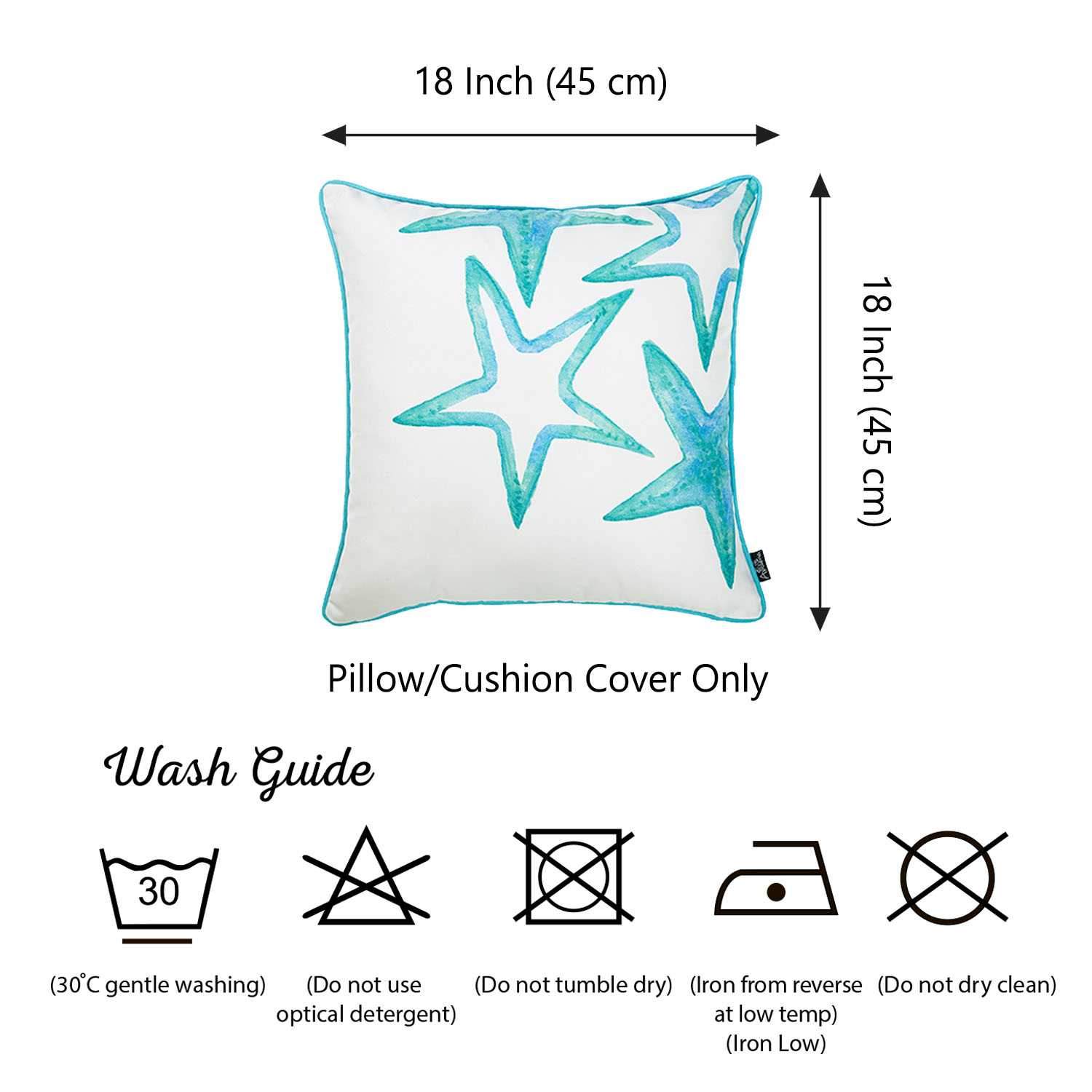 White and aqua blue decorative throw pillow cover featuring starfish design and hidden zipper closure.