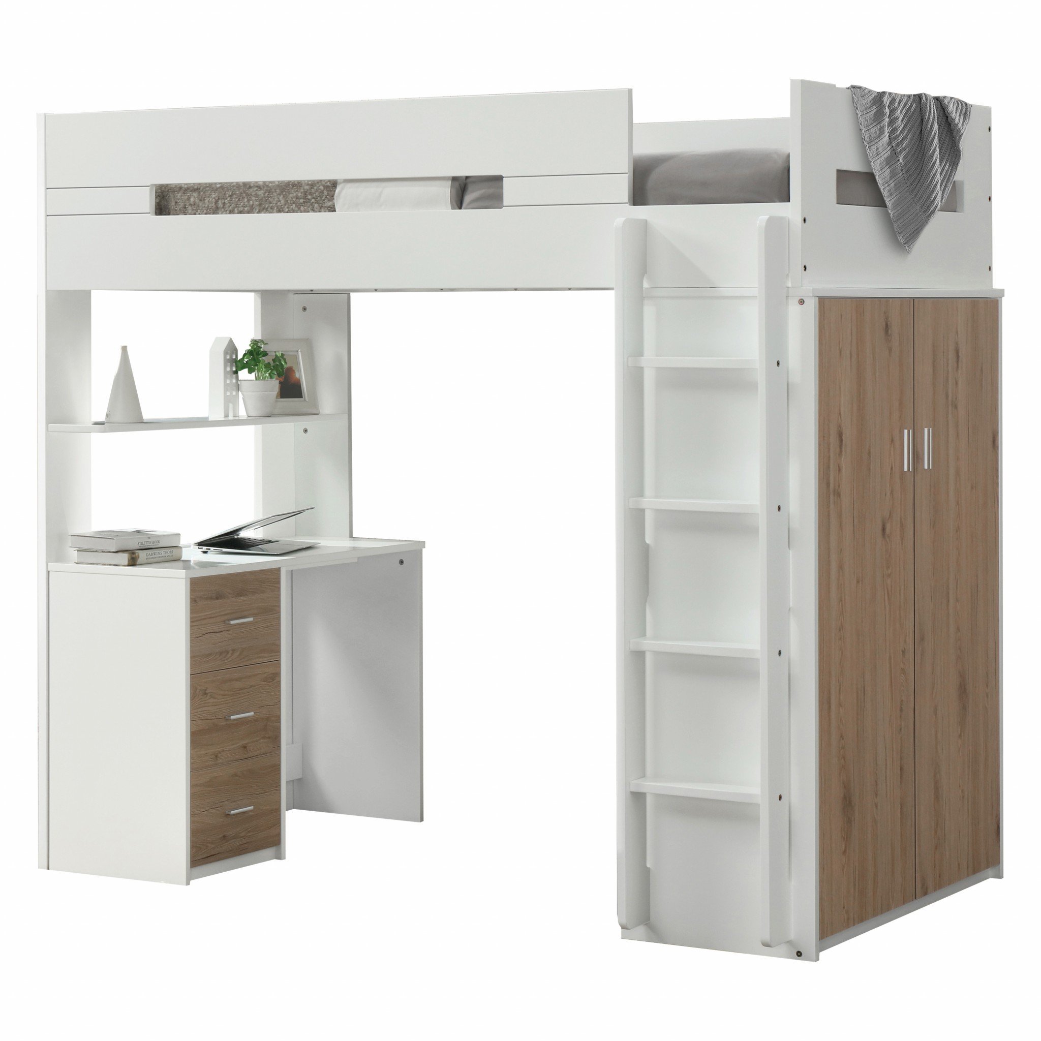 White and Natural Twin Loft Bed with Desk, featuring a stylish design, guard-rail, and student desk with drawers.