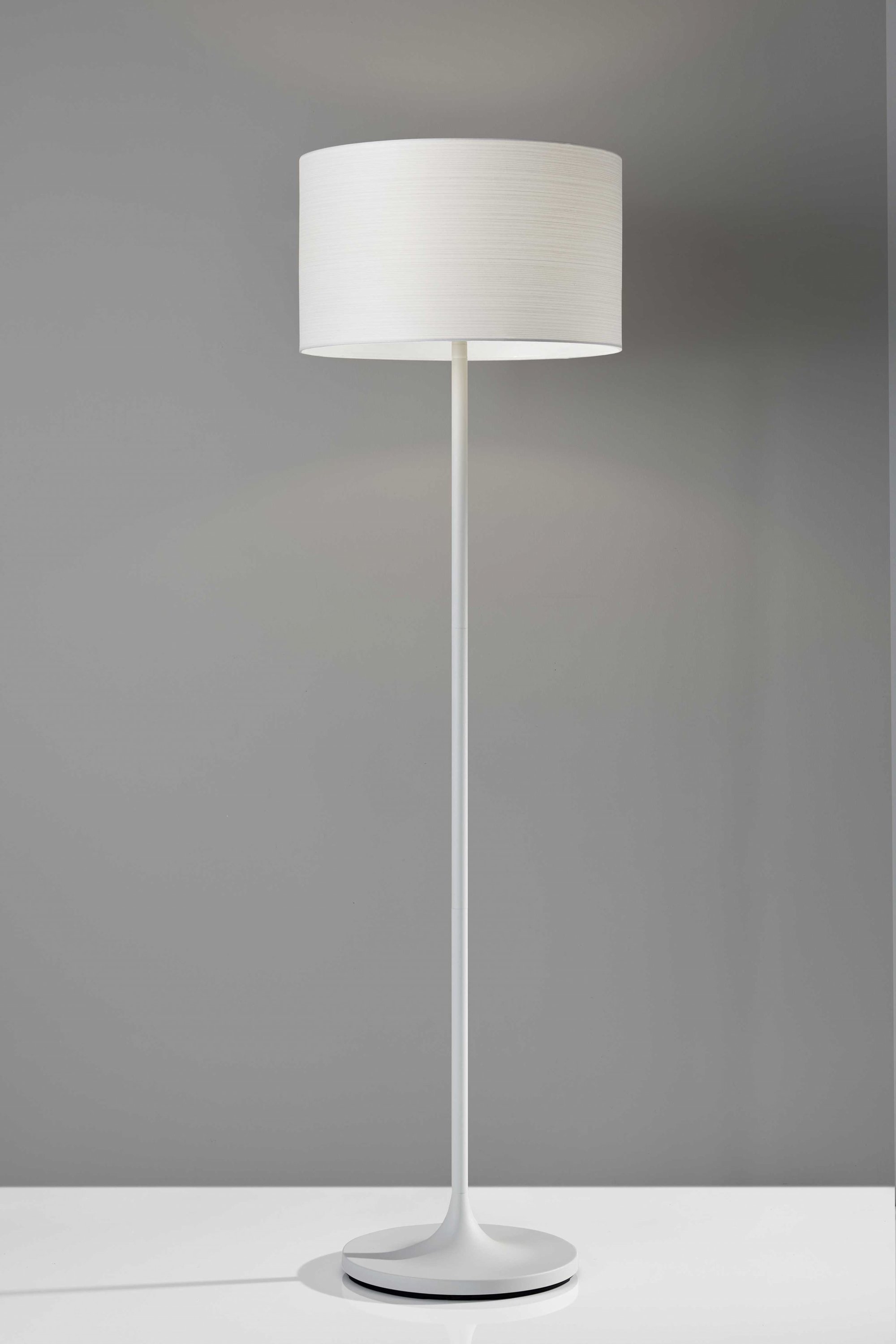 Elegant White on White Metal Floor Lamp with tulip base and drum shade, showcasing Scandinavian design.