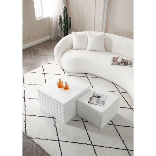 White Square Nesting Table Set of 2 featuring a large and small table with elegant handcrafted relief design, perfect for living room decor.