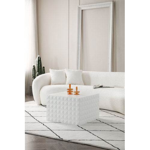 White Square Nesting Table Set of 2 featuring a large and small table with elegant handcrafted relief design, perfect for living room decor.